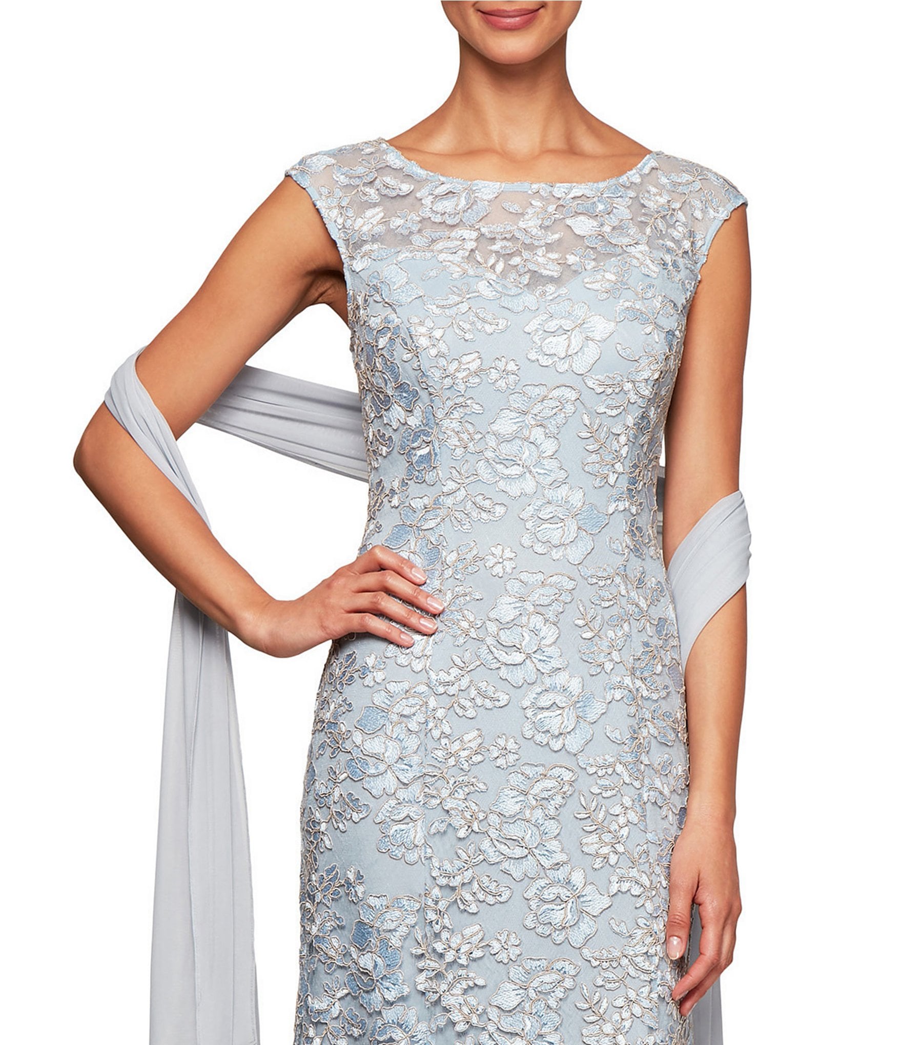 Alex Evenings Petite Size Floral Embroidered Illusion Boat Neck Cap Sleeve Gown