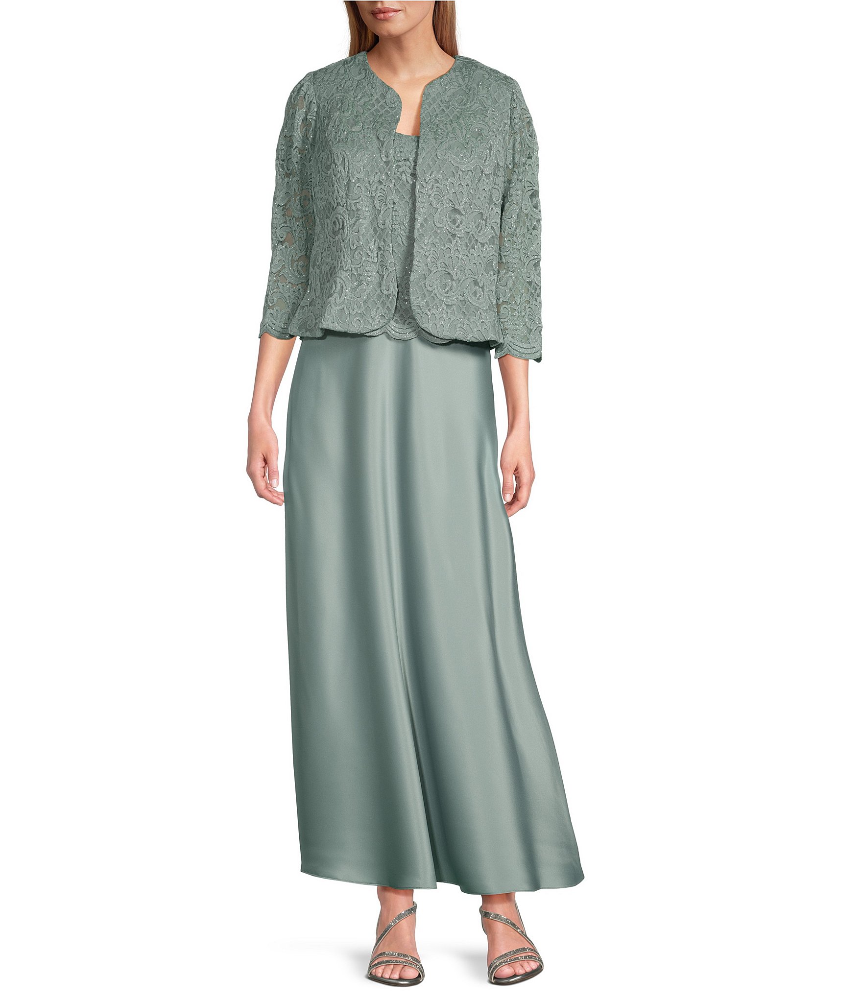 Alex Evenings Petite Size Scoop Neck 3/4 Sleeve Glitter Lace 2-Piece Jacket Dress