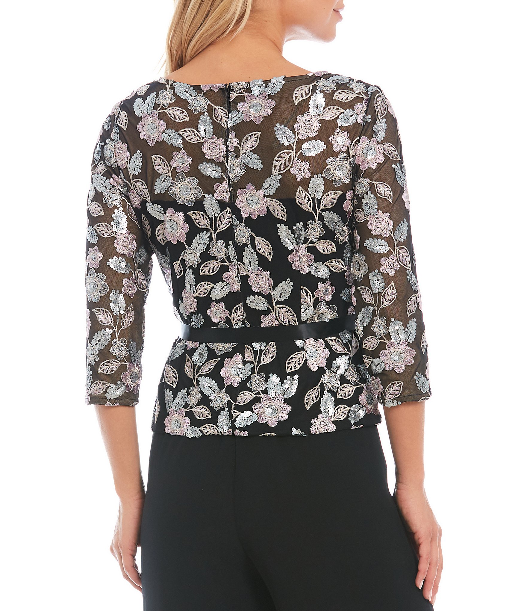 Alex Evenings Petite Size Round Neck 3/4 Sleeve Stretch Embroidered Floral Sequin Peplum Ribbon Belt Blouse