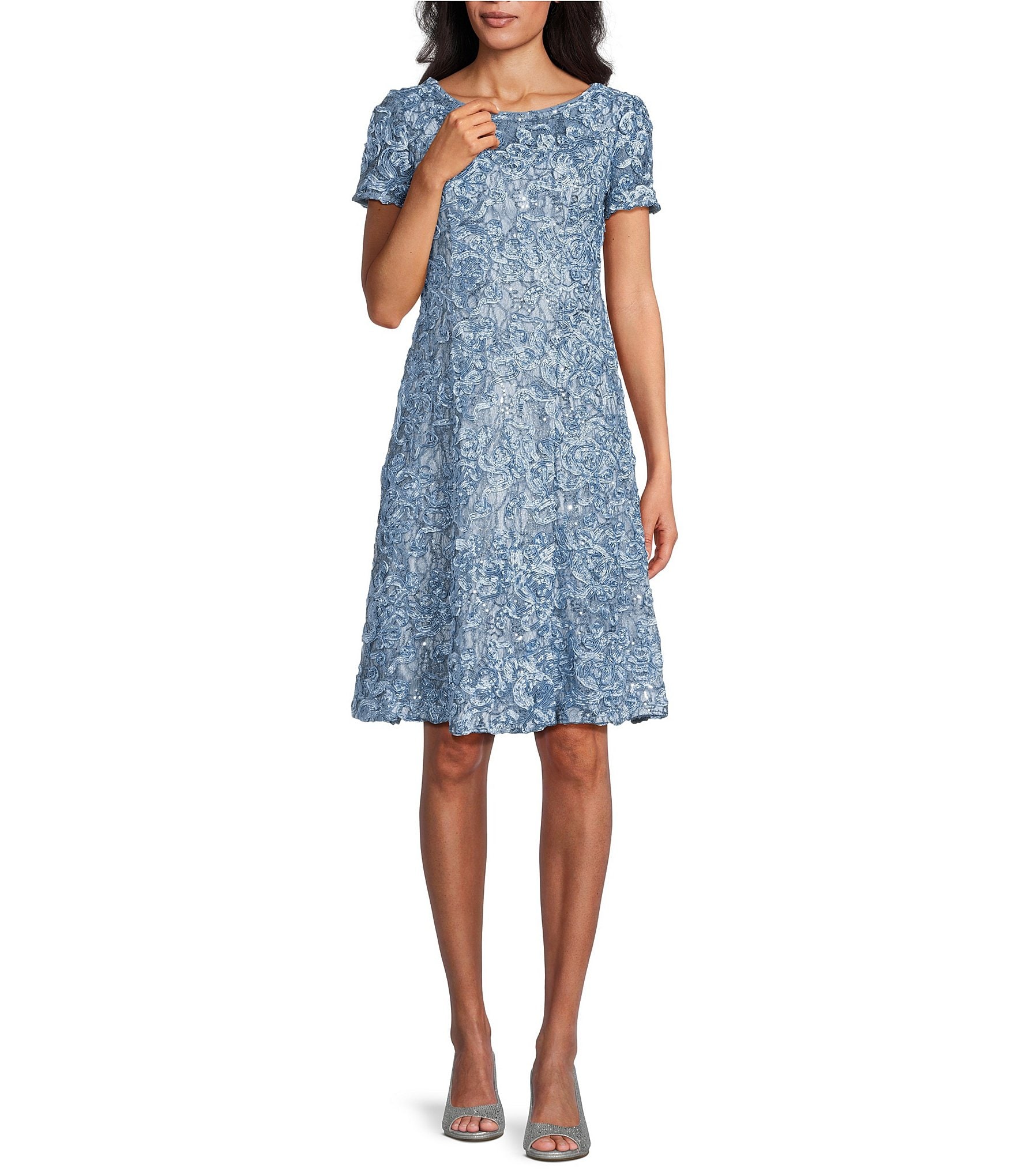 Alex Evenings Petite Size Soutache Lace Boat Neck Short Sleeve A-Line Midi Gown