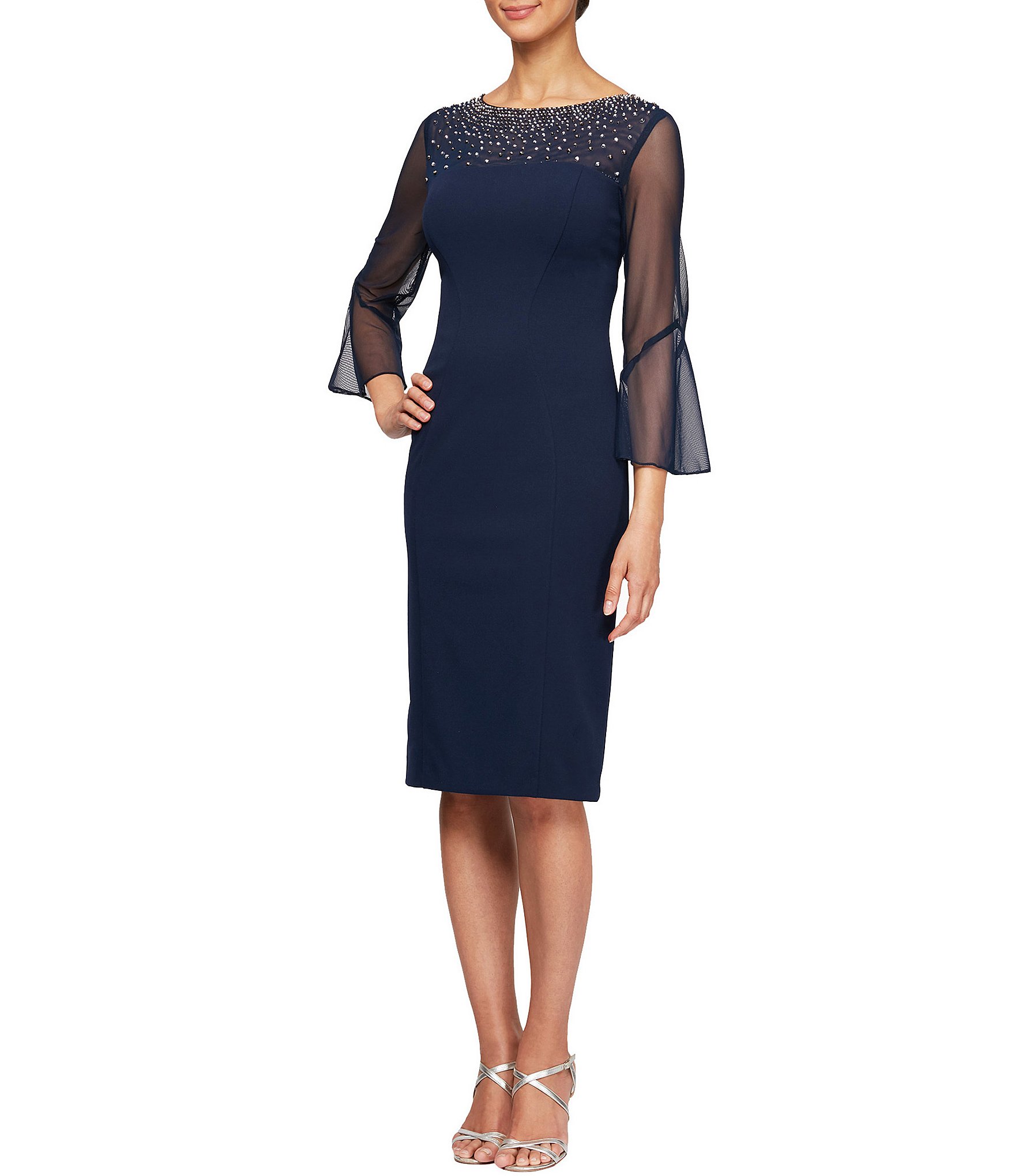 Alex Evenings Petite Size Stretch Crepe Embellished Illusion Round Neck 3/4 Bell Sleeve Sheath Dress | Dillard's