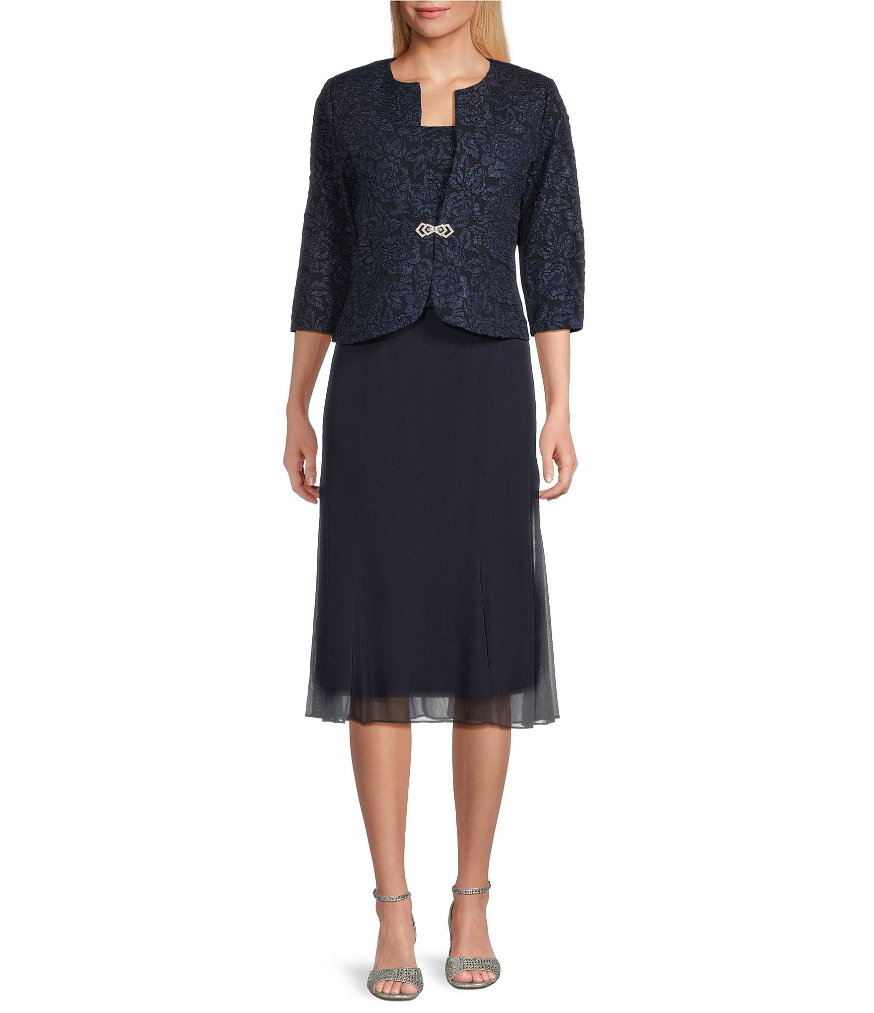 Alex Evenings Petite Size Textured Jacquard 3/4 Sleeve Jacket Dress