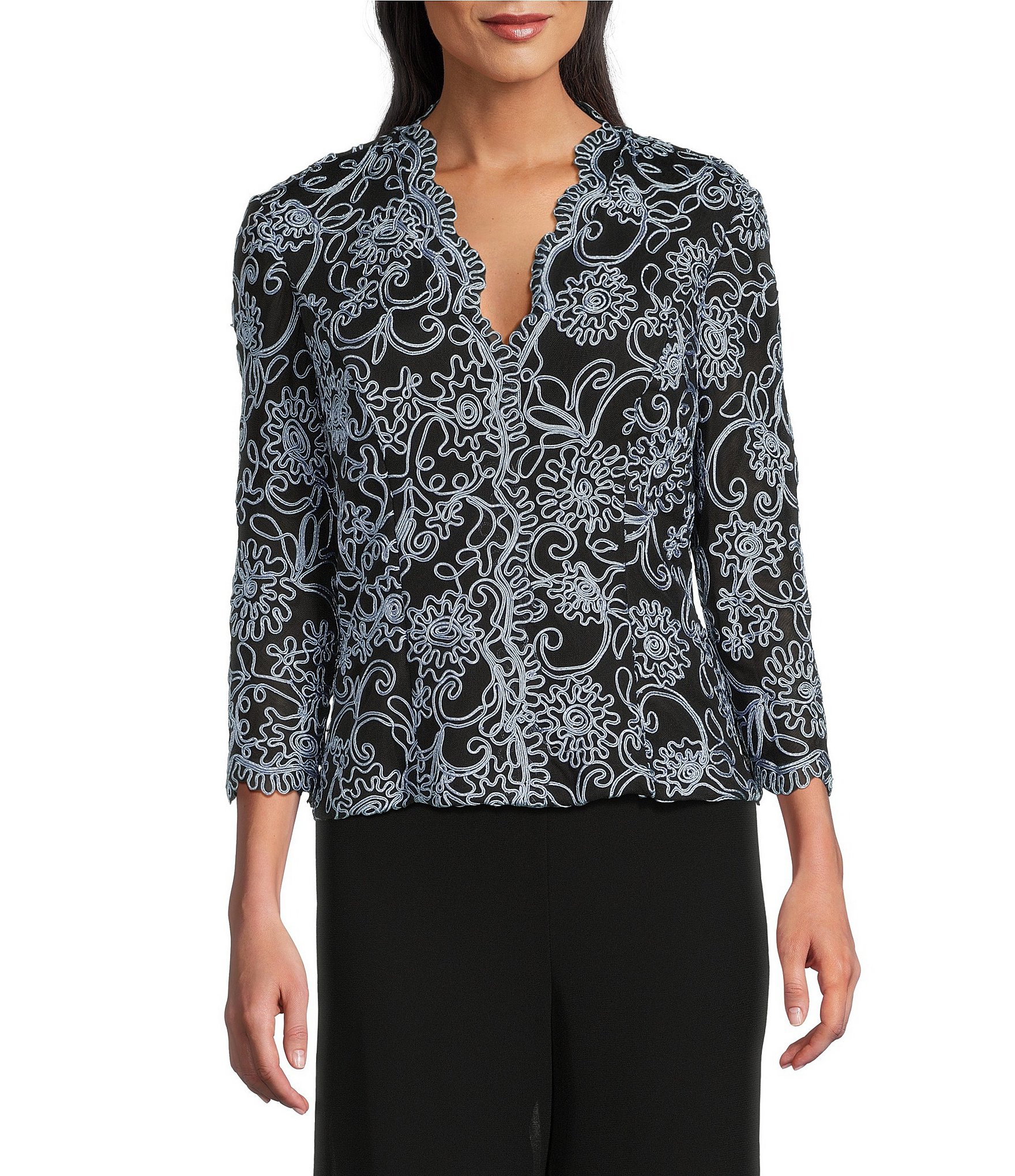 Alex Evenings Petite Size V-Neck Scalloped Lace Lined Embroidered Top