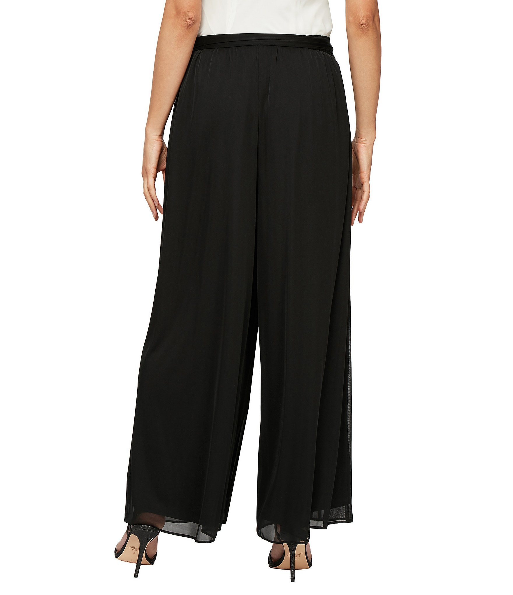 Alex Evenings Petite Size Mesh Mid Rise Wide Leg Tie Waist Pants