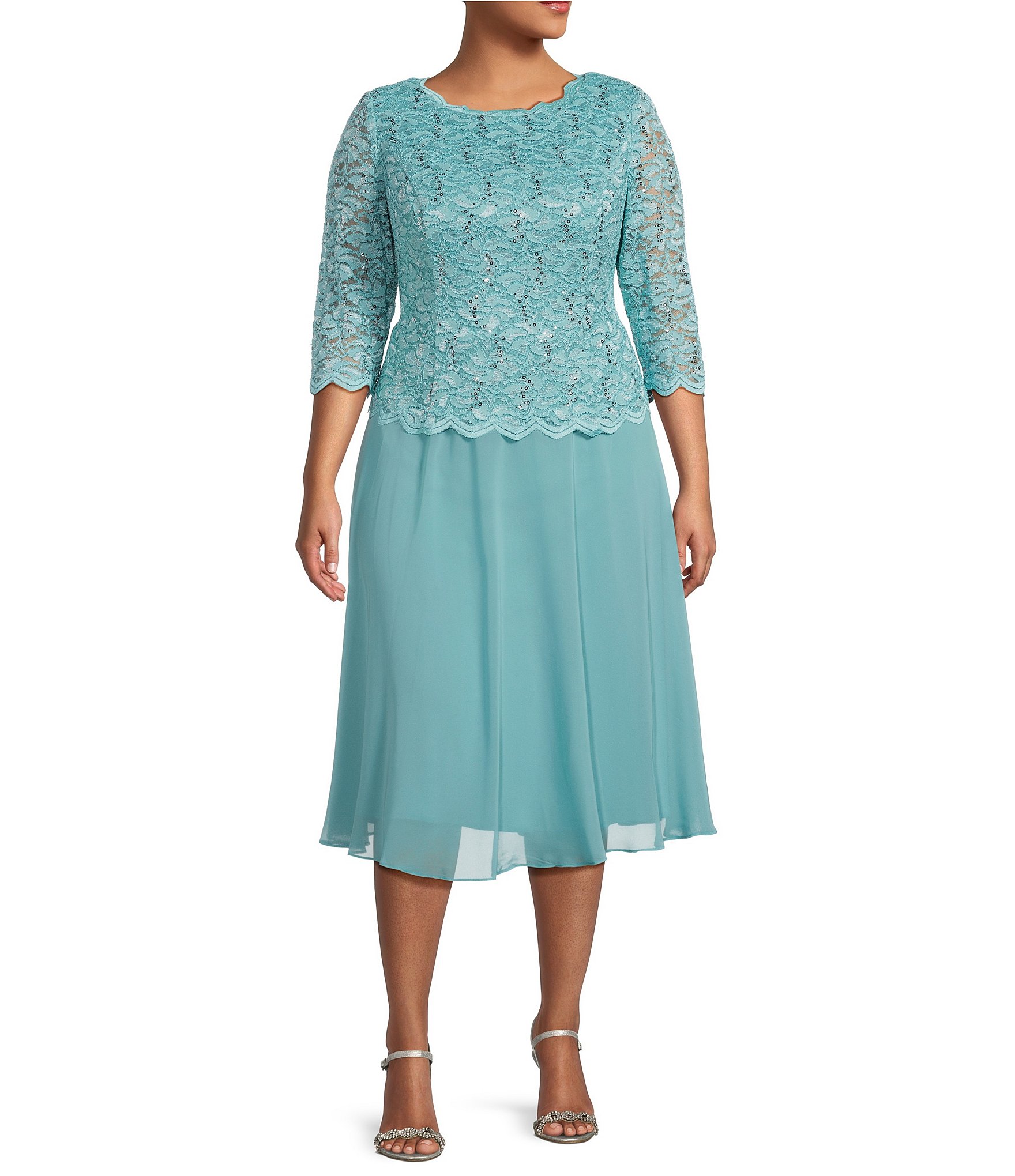 Alex Evenings Plus Size Sequin Lace 3/4 Illusion Sleeve Scallop Round Neck  Bodice Chiffon Skirted Midi Dress | Dillard's