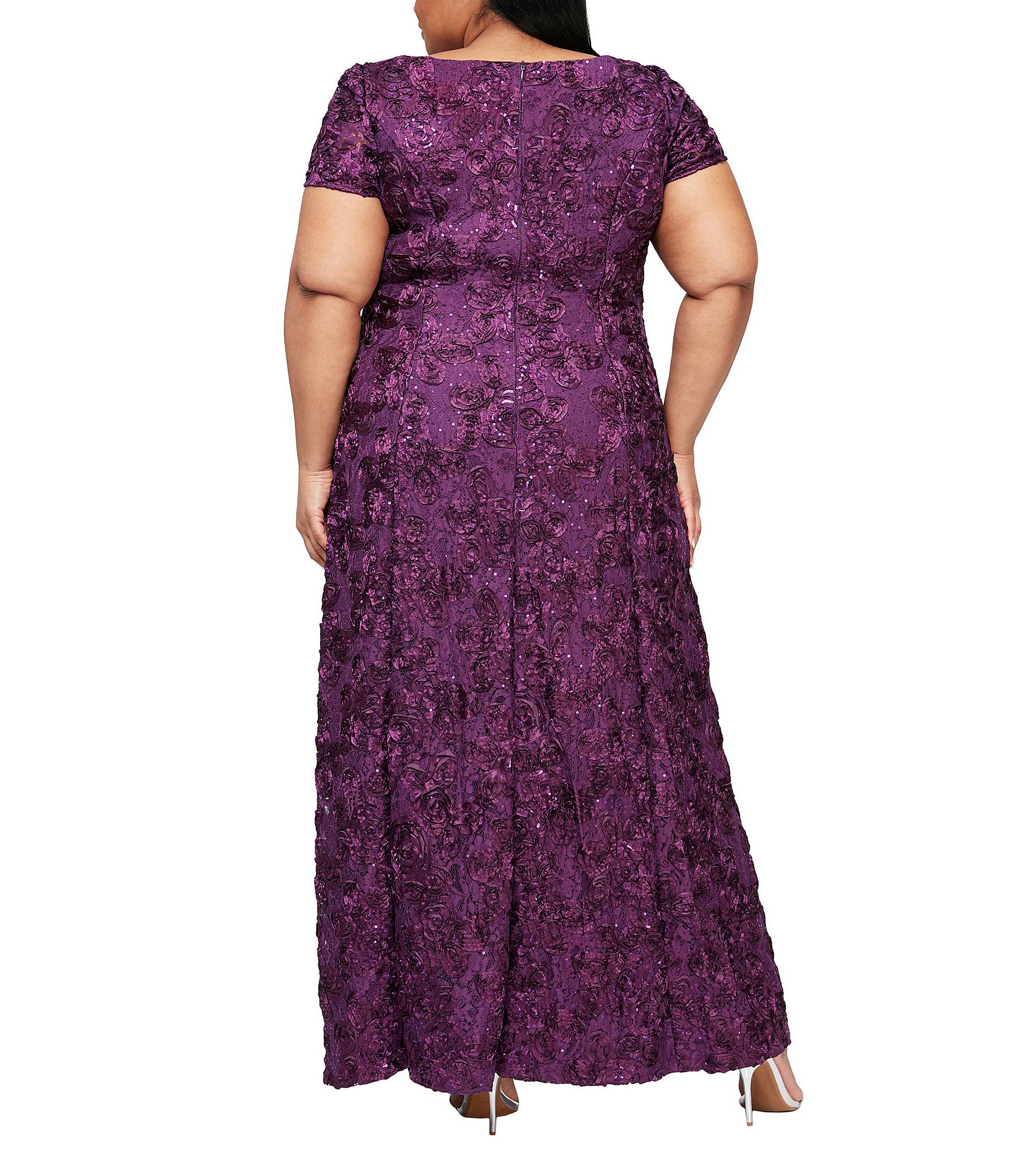 Alex Evenings Plus Size Crew Neck Floral Rosette Short Sleeve A-Line Gown