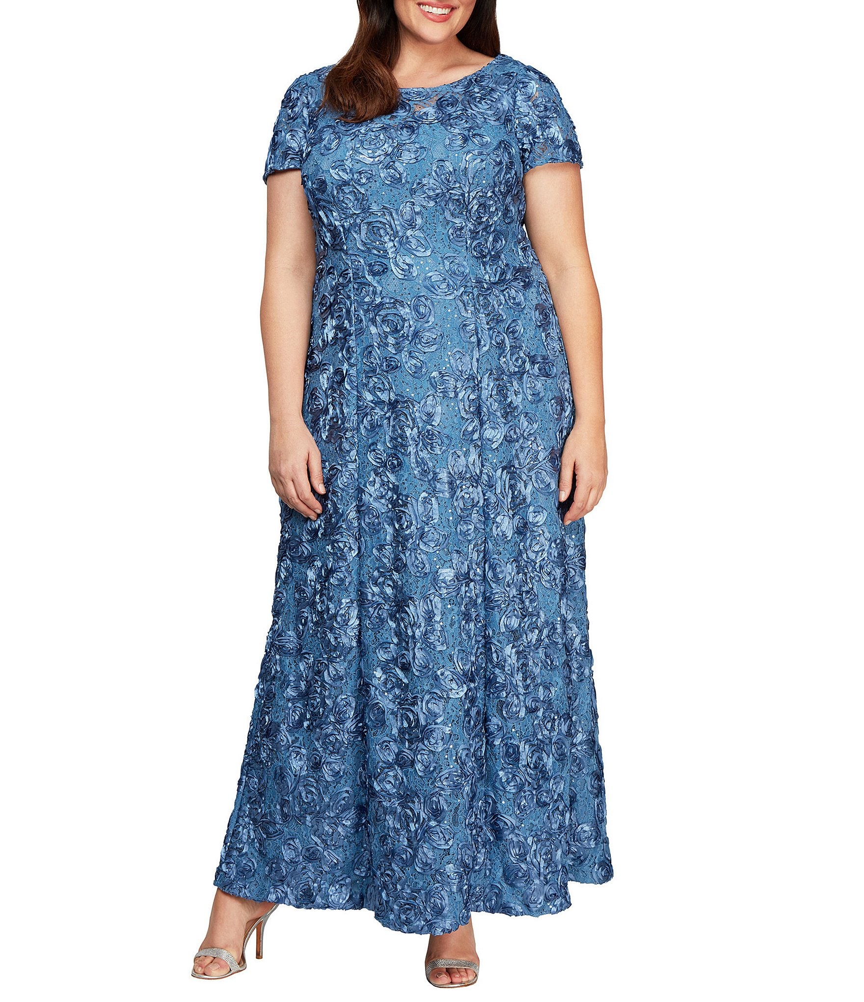Alex Evenings Plus Size Crew Neck Floral Rosette Short Sleeve A-Line Gown |  Dillard's