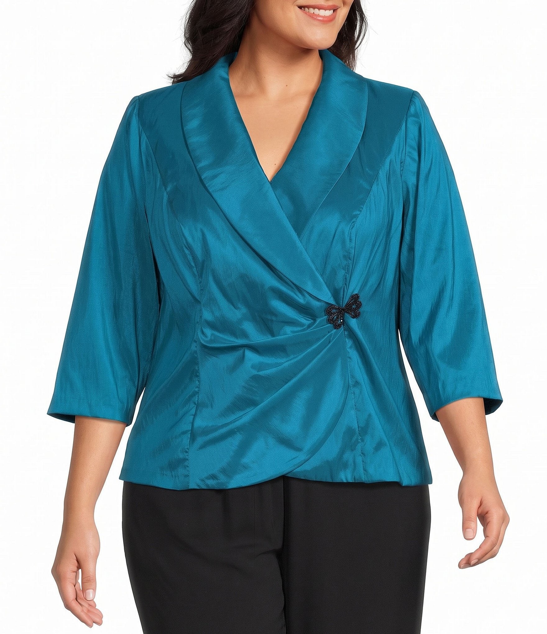 Alex Evenings Plus Size 3/4 Sleeve Collared V-Neck Taffeta Blouse