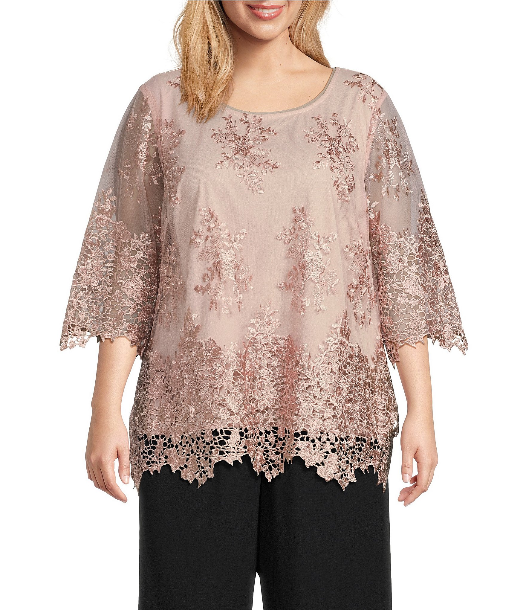 Alex Evenings Plus Size 3/4 Sleeve Crew Neck Embroidered Alex Evenings Plus Size 3/4 Sleeve Crew Neck Embroidered