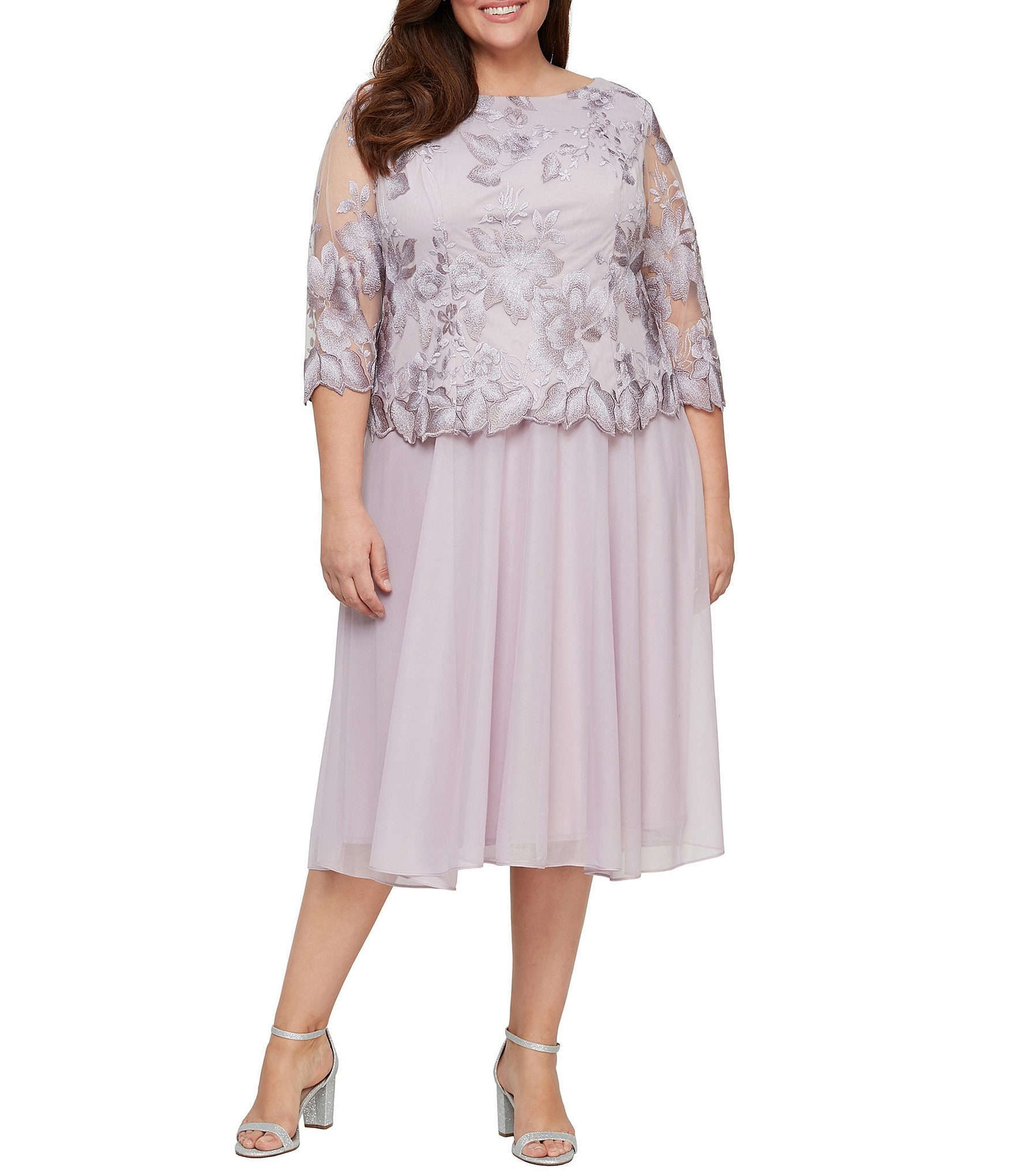 Alex Evenings Plus Size Jewel Neck 3/4 Sleeve Floral Embroidered ...