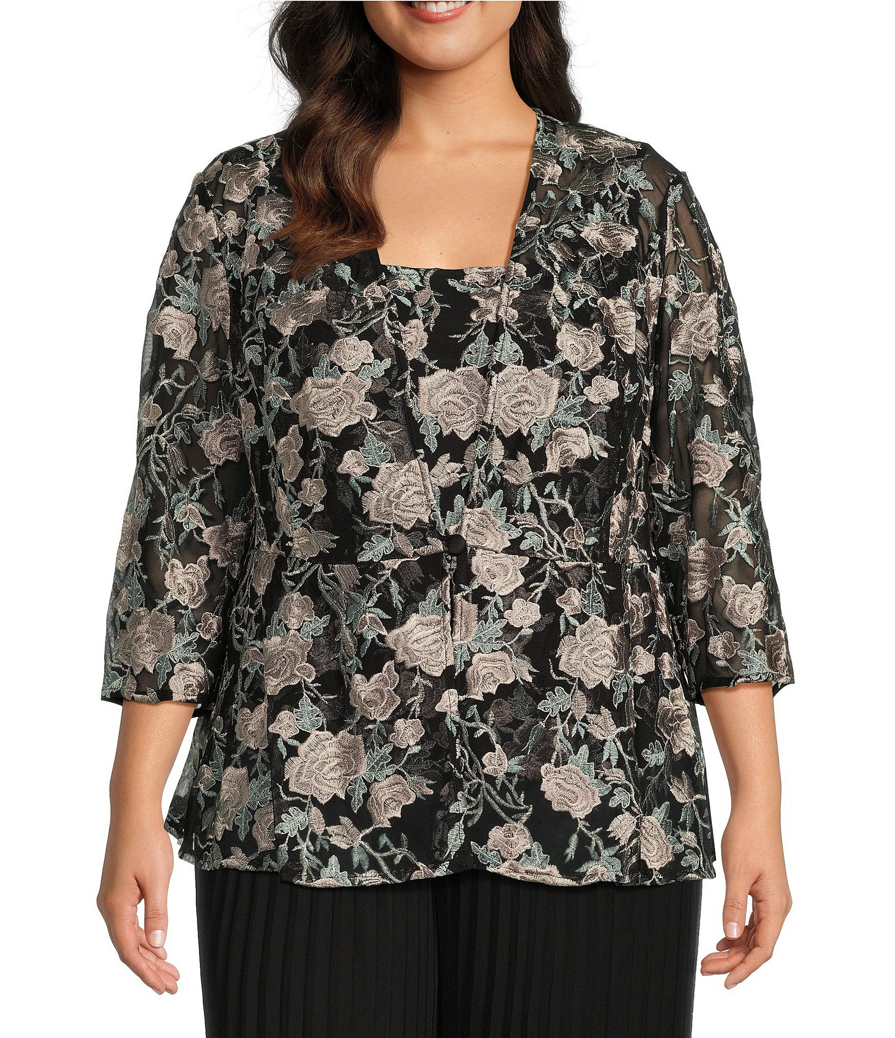 Alex Evenings Plus Size 3/4 Sleeve Square Neck Floral Twinset | Dillard's