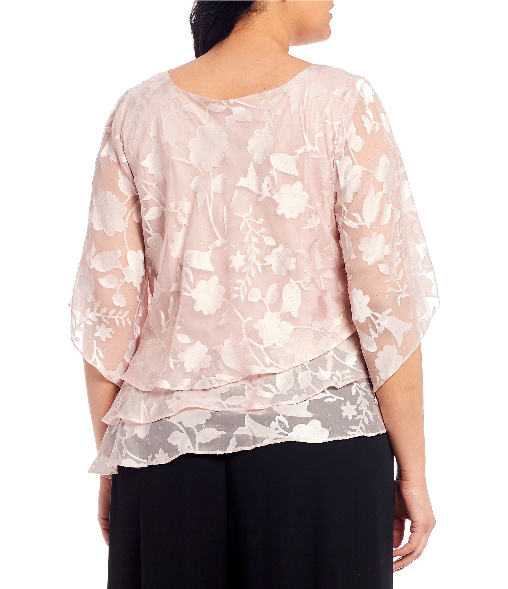 Alex Evenings Plus Size Asymmetrical Tiered Hem Round Neck 3/4 Illusion Sleeve Burnout Floral Chiffon Blouse