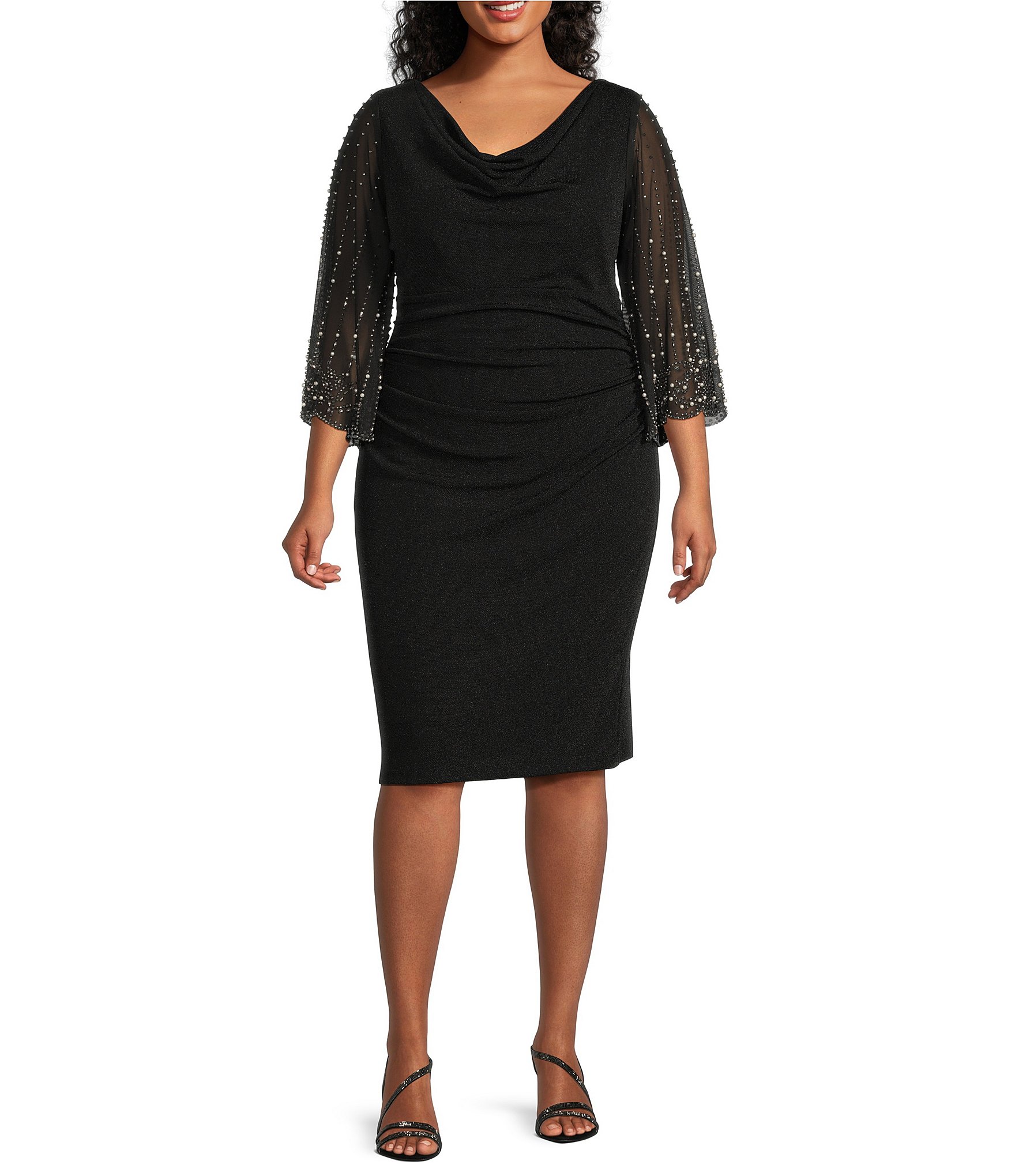 Alex Evenings Plus Size Cowl Neck 3/4 Beaded Illusion Sleeve Metallic Knit Sheath Dress