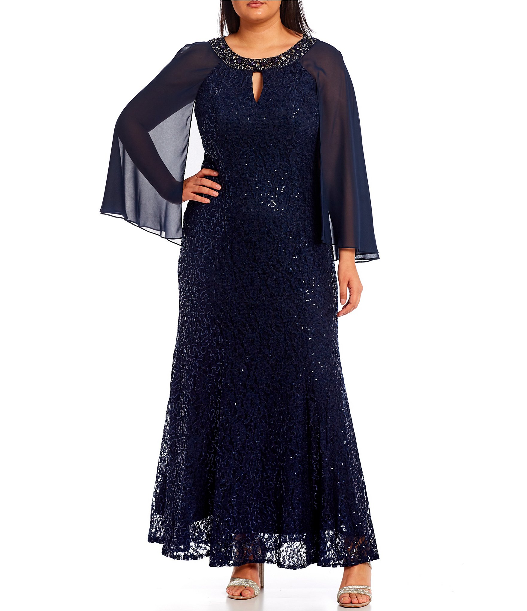 Alex Evenings Plus Size Embellished Keyhole Neck Long Chiffon Capelet Sleeve Sequin Lace Mermaid Gown Dillard s