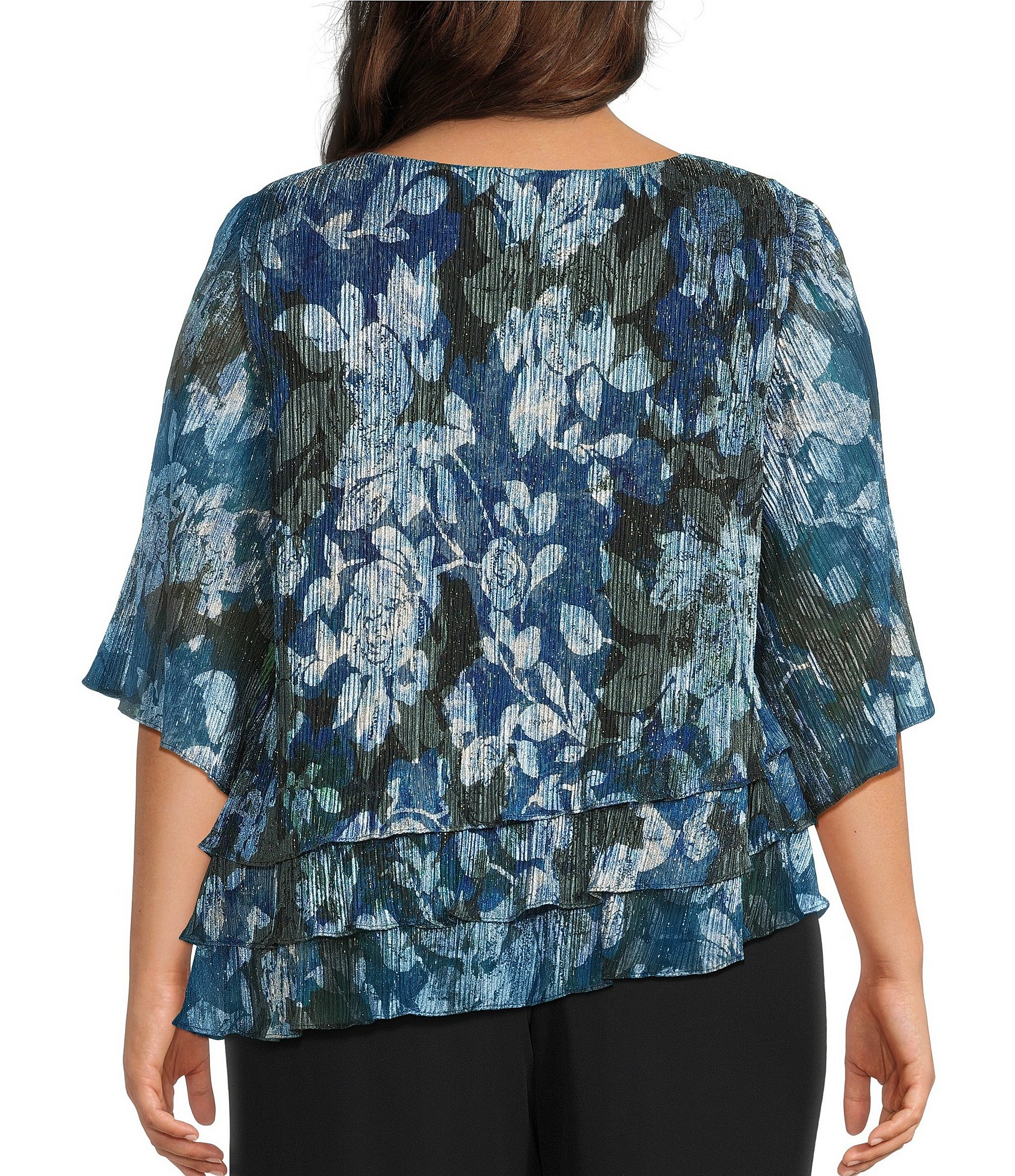 Alex Evenings Plus Size Foil Metallic Print 3/4 Sleeve Asymmetrical Hem Triple Tier Blouse
