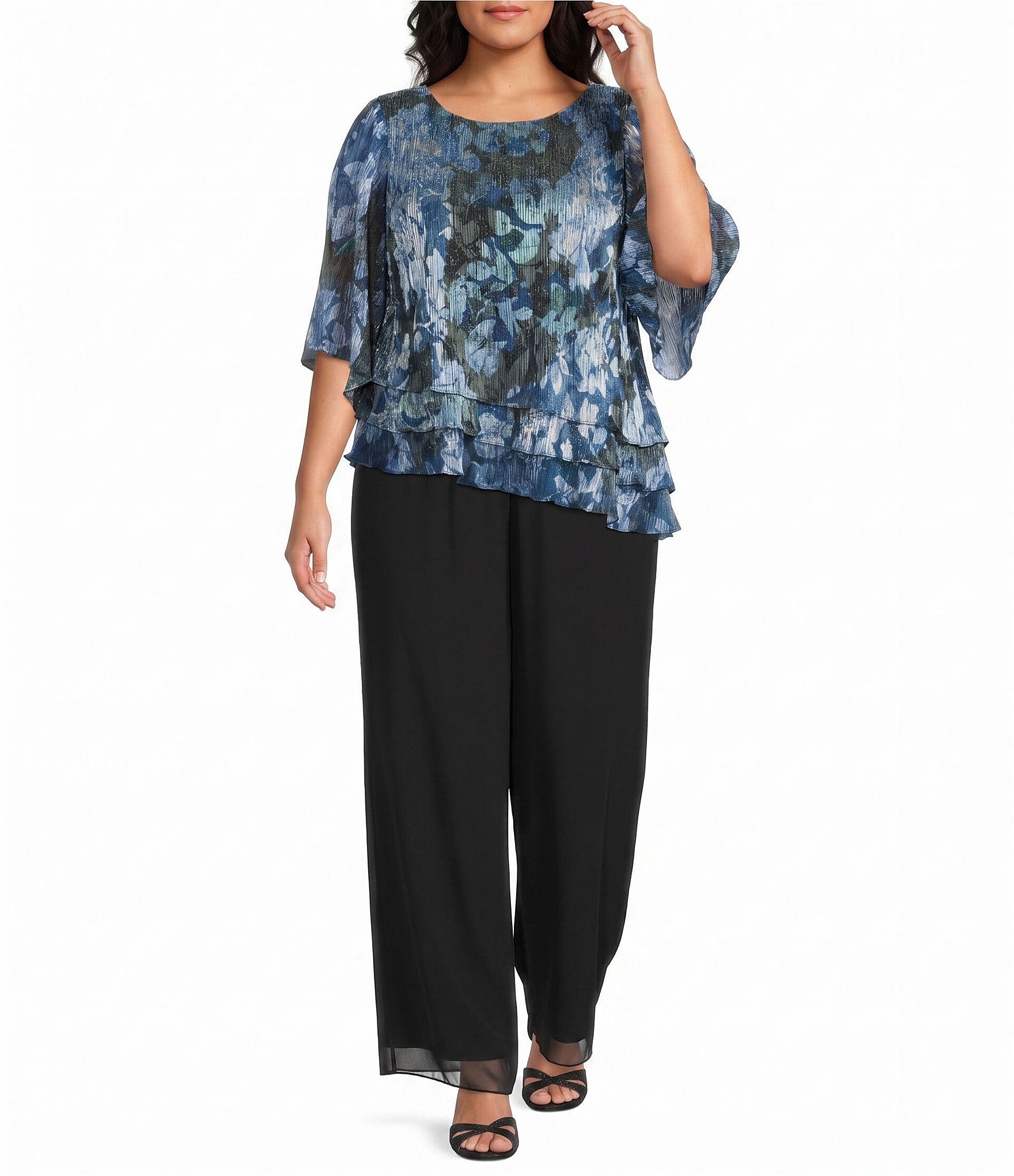 Alex Evenings Plus Size Foil Metallic Print 3/4 Sleeve Asymmetrical Hem Triple Tier Blouse