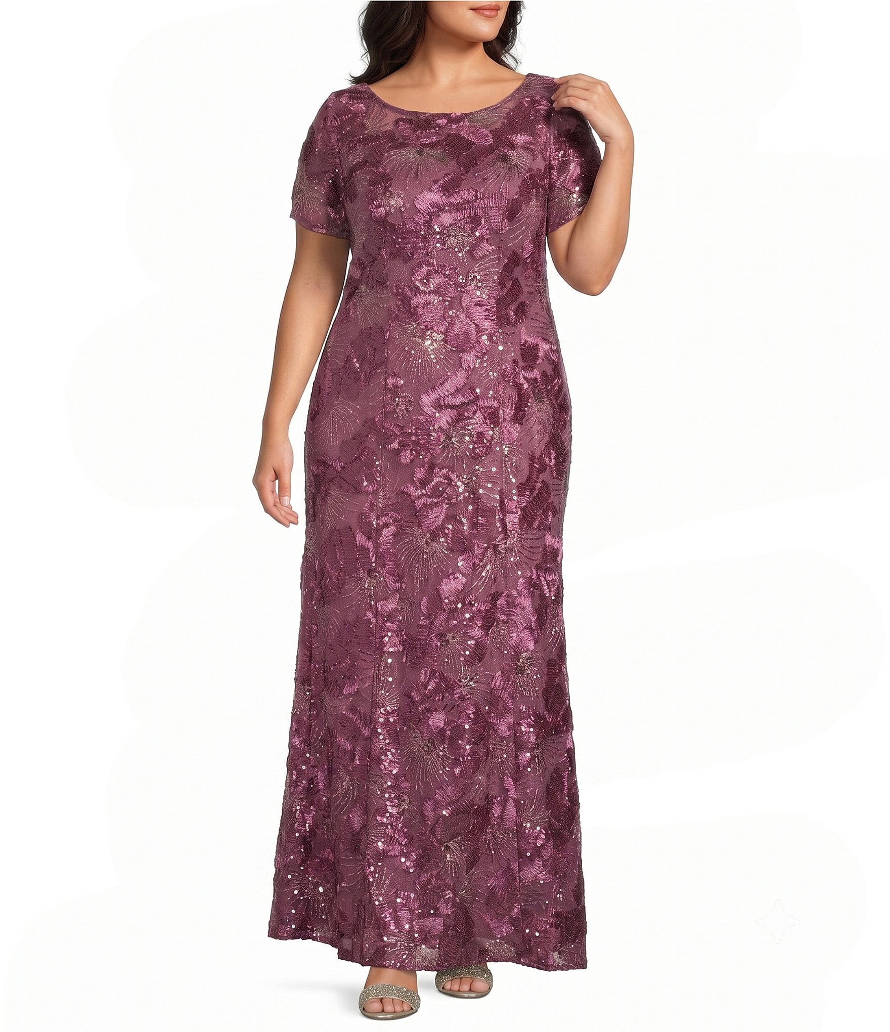 Alex Evenings Plus Size Lace Scoop Neck Short Sleeve A-Line Gown