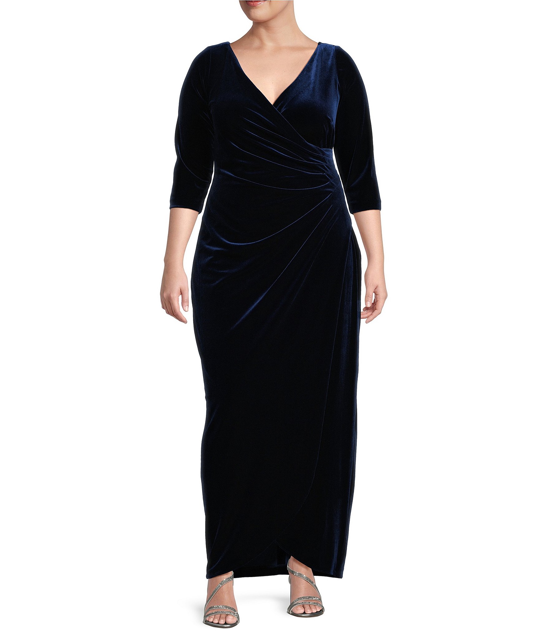 Alex Evenings Plus Size Long Sleeve V-Neck Tulip Hem Velvet Dress ...