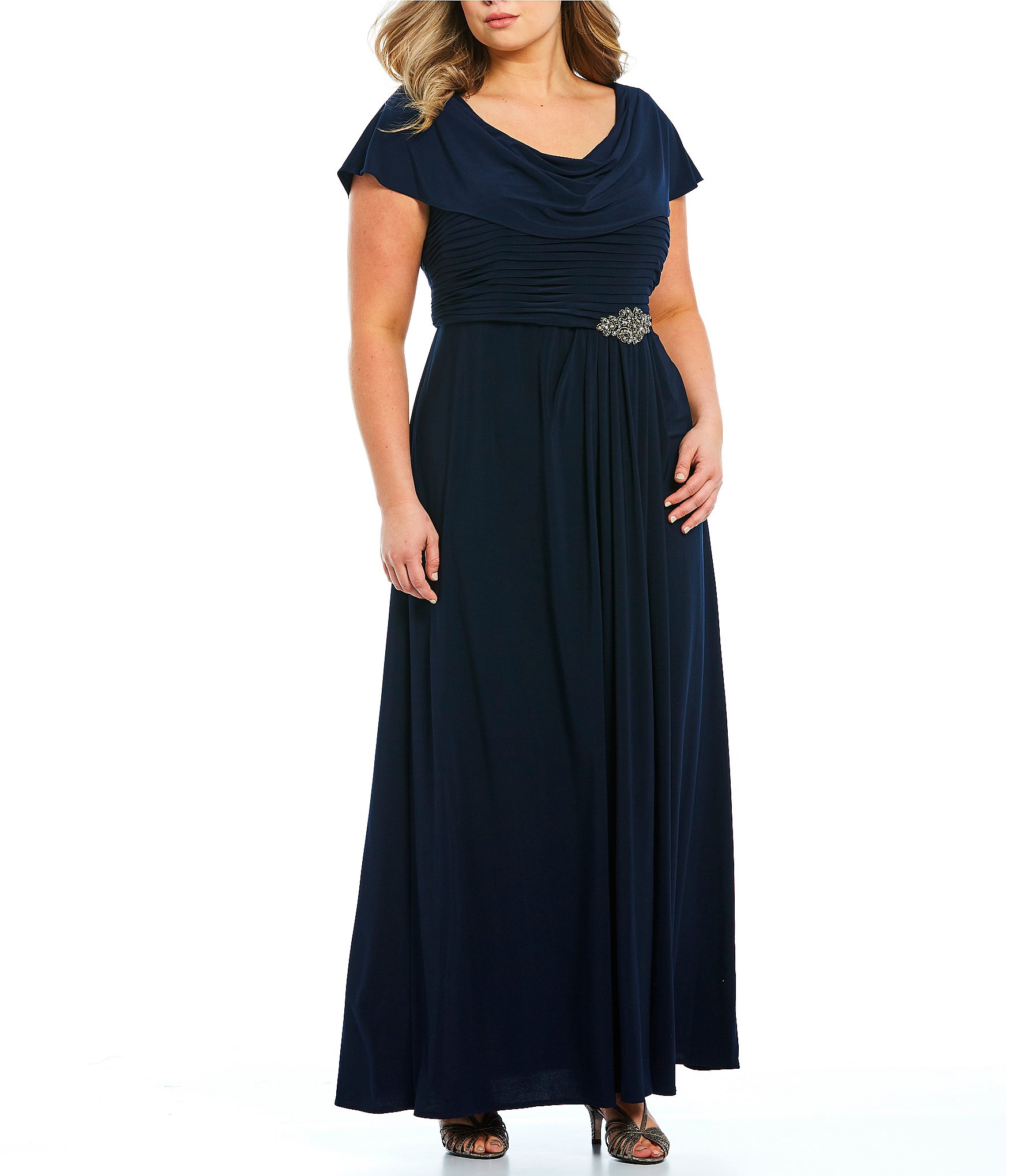 Alex Evenings Plus Size Matte Jersey Cowl Neck Cap Sleeve Pleated  Embellished Side Detail Long Gown | Dillard's