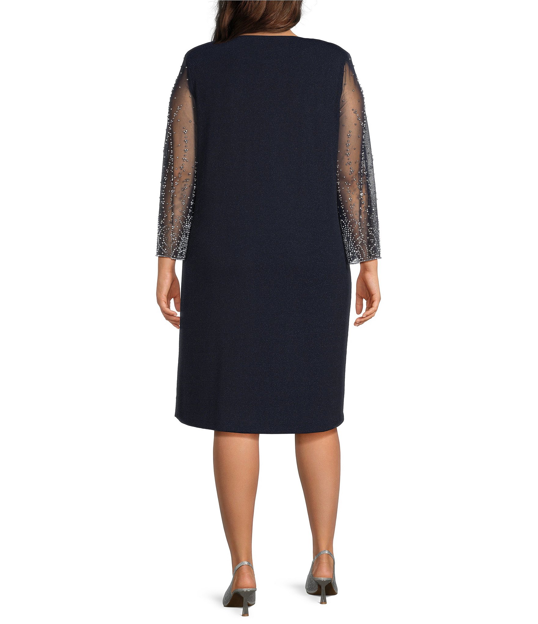 Alex Evenings Plus Size Metallic Knit Illusion Sleeve Jacket Dress