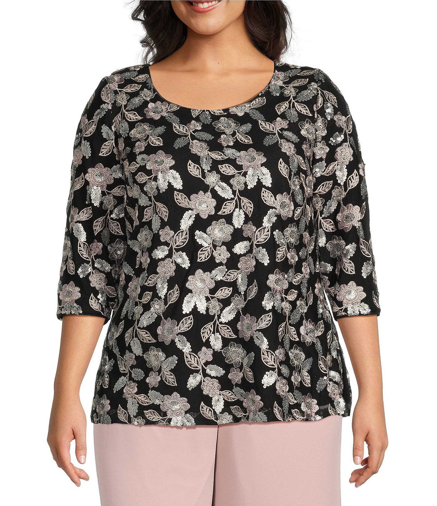Alex Evenings Plus Size Scoop Neck 3/4 Sleeve Floral Sequin Embroidered ...