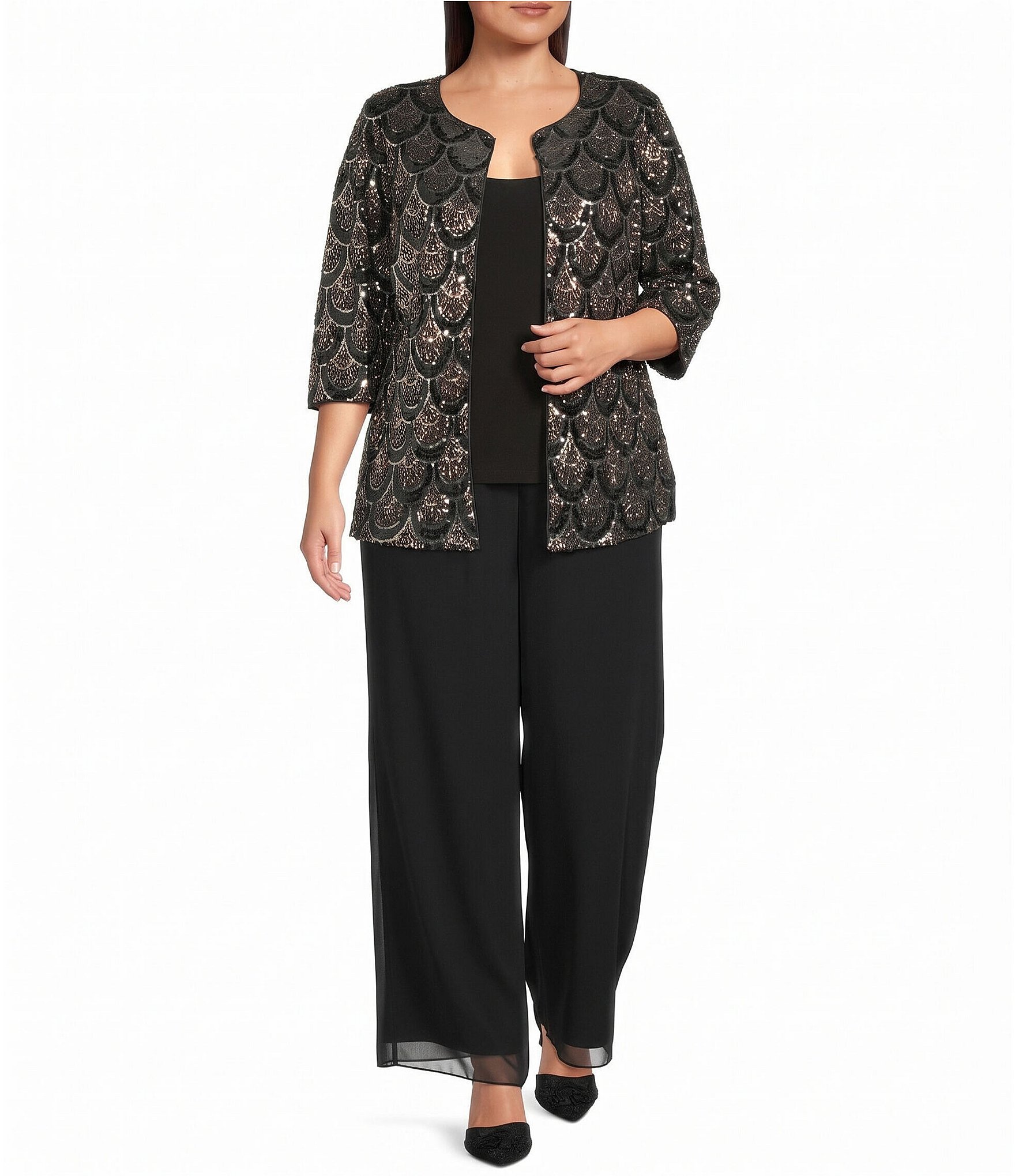 Alex Evenings Plus Size Sequin Detail 3/4 Sleeve Mock Twinset