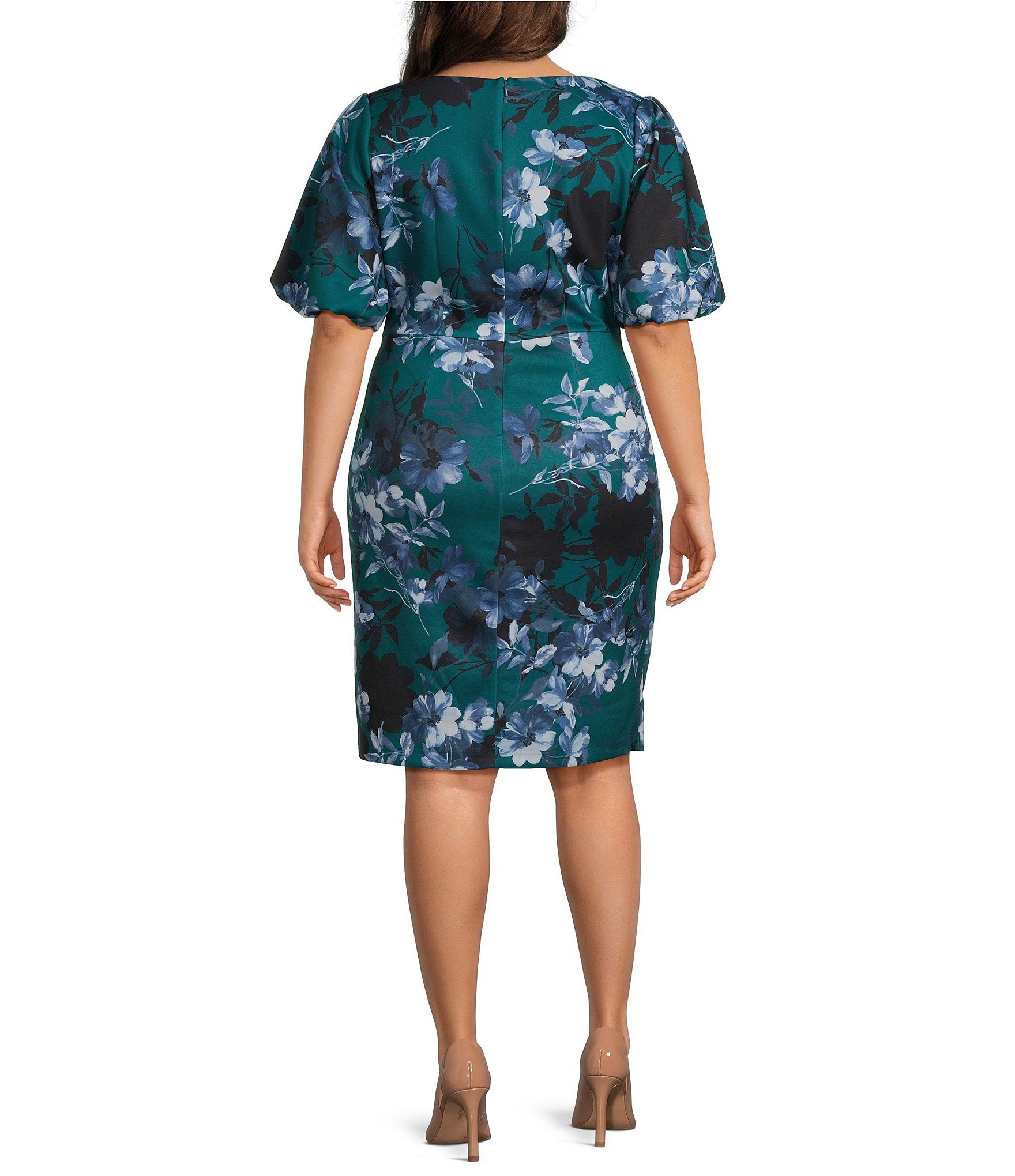 Alex Evenings Plus Size Short Puff Sleeve Square Neck Floral Dress