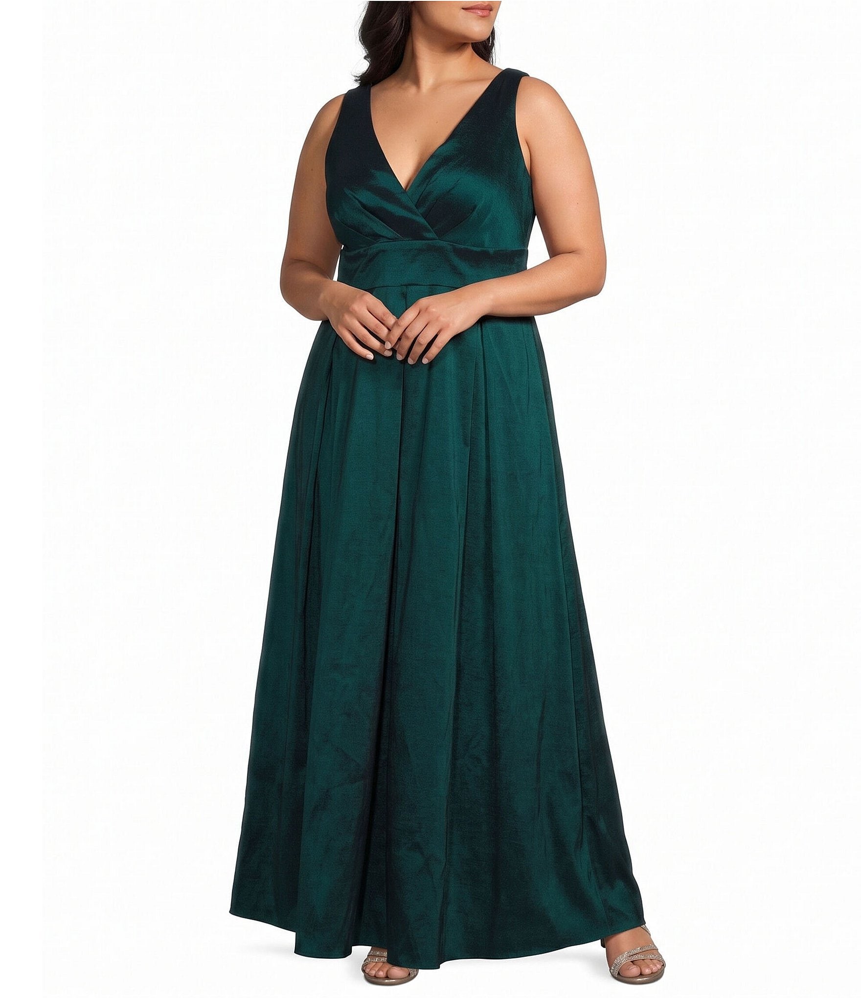Alex Evenings Plus Size Stretch Taffeta Sleeveless V Neck Long Dress