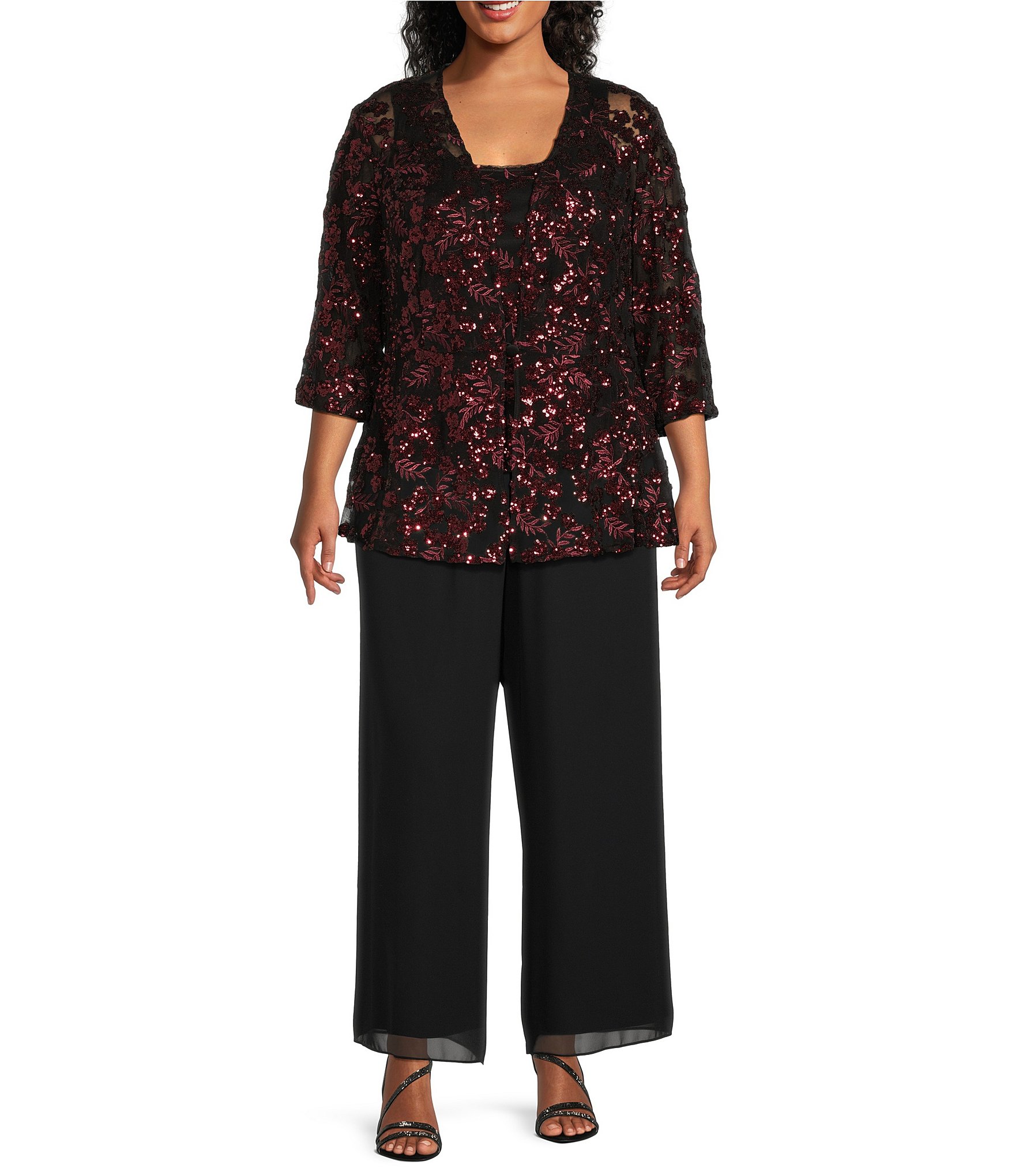 Alex Evenings Plus Size Stretch Tulle Scoop Neck 3/4 Sleeve Embroidered Sequin 2-Piece Twinset