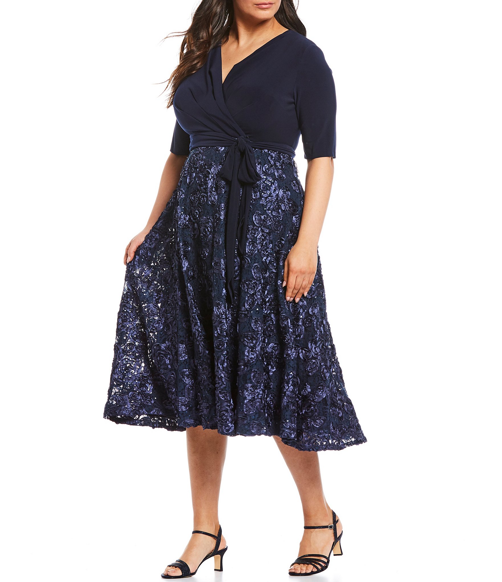 Alex Evenings Plus Size Surplice V-Neck Short Sleeve Rosette Skirt Party  Dress | Dillard's