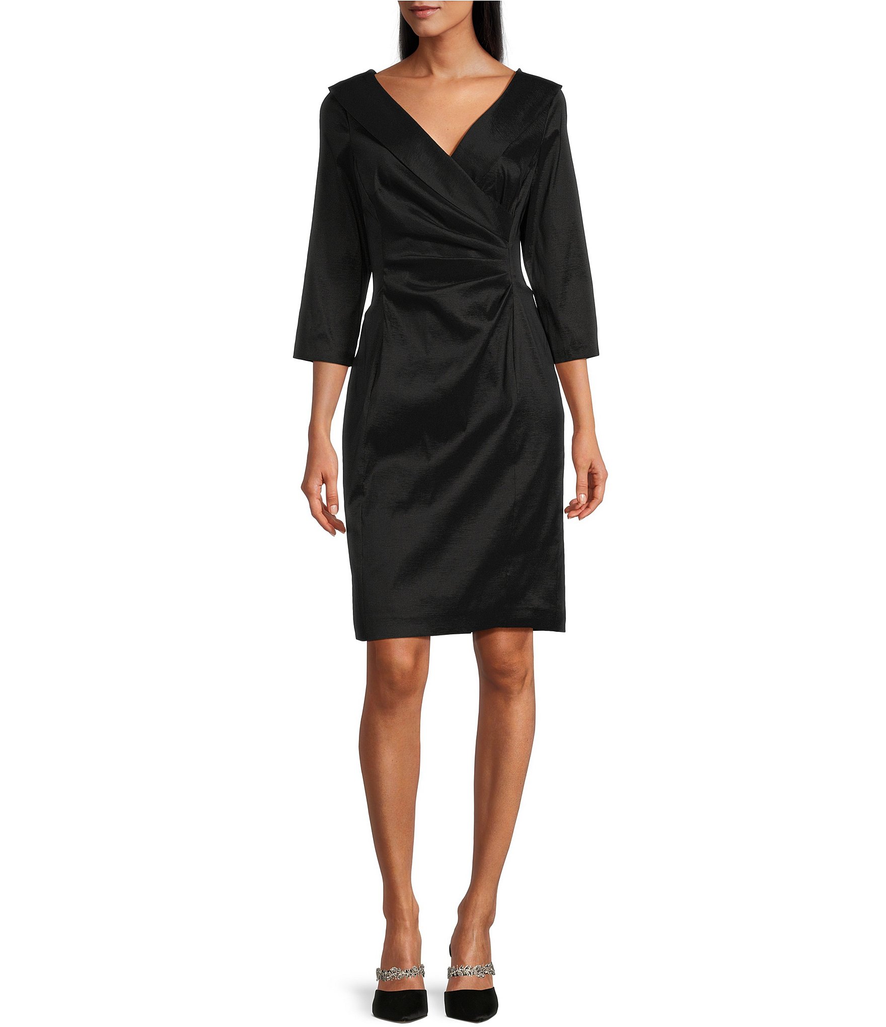 Alex Evenings Portrait Collar 3 4 Sleeve Ruched Waist Stretch Taffeta Sheath Cocktail Dress Dillard s