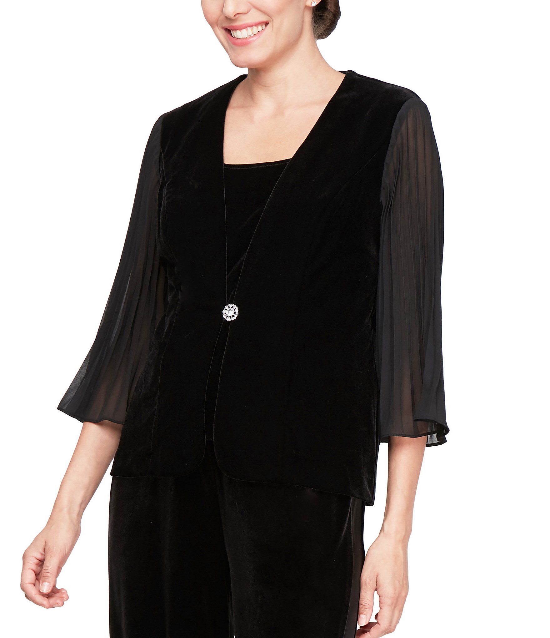 Alex Evenings Scoop Neck 3/4 Illusion Sleeve Stretch Velvet Twinset ...