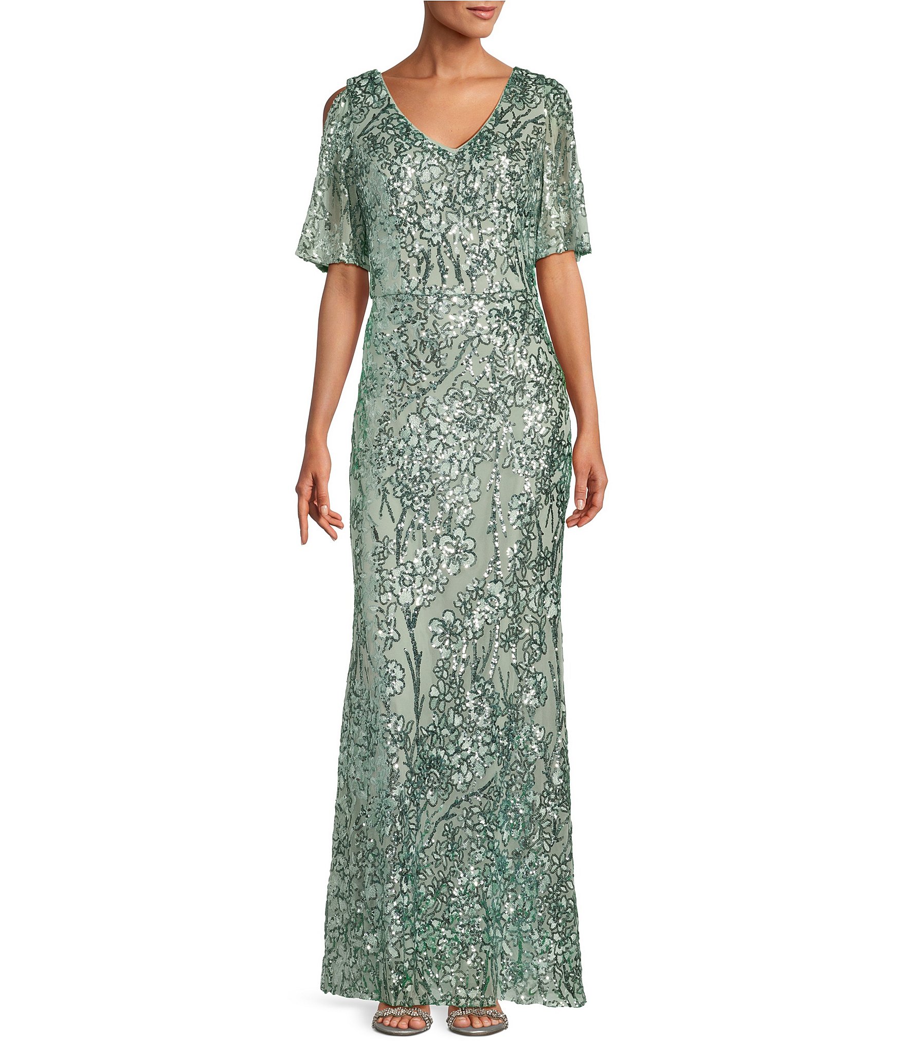 Alex Evenings Floral Sequin Cold Shoulder Short Flutter Sleeve V Neck Sheath Long Gown Dillards 2258