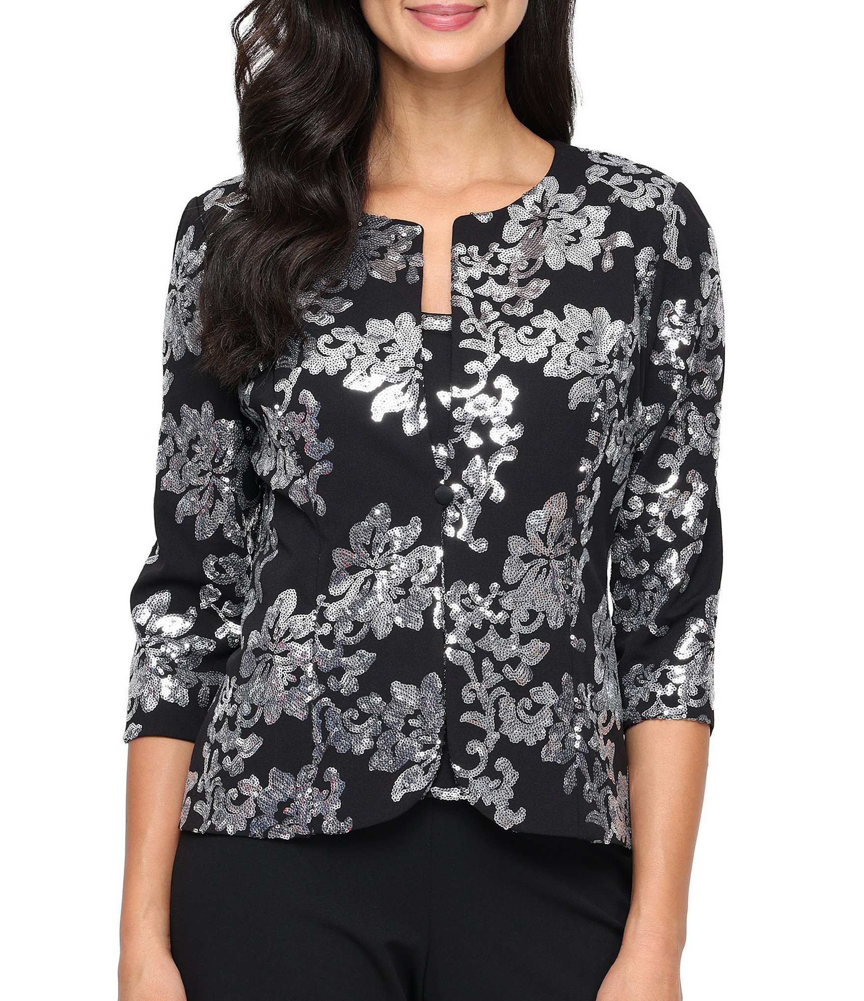 Alex Evenings Sequin Crepe Top With Scoop Neck Tank and Center Front Button Jacket Twinset