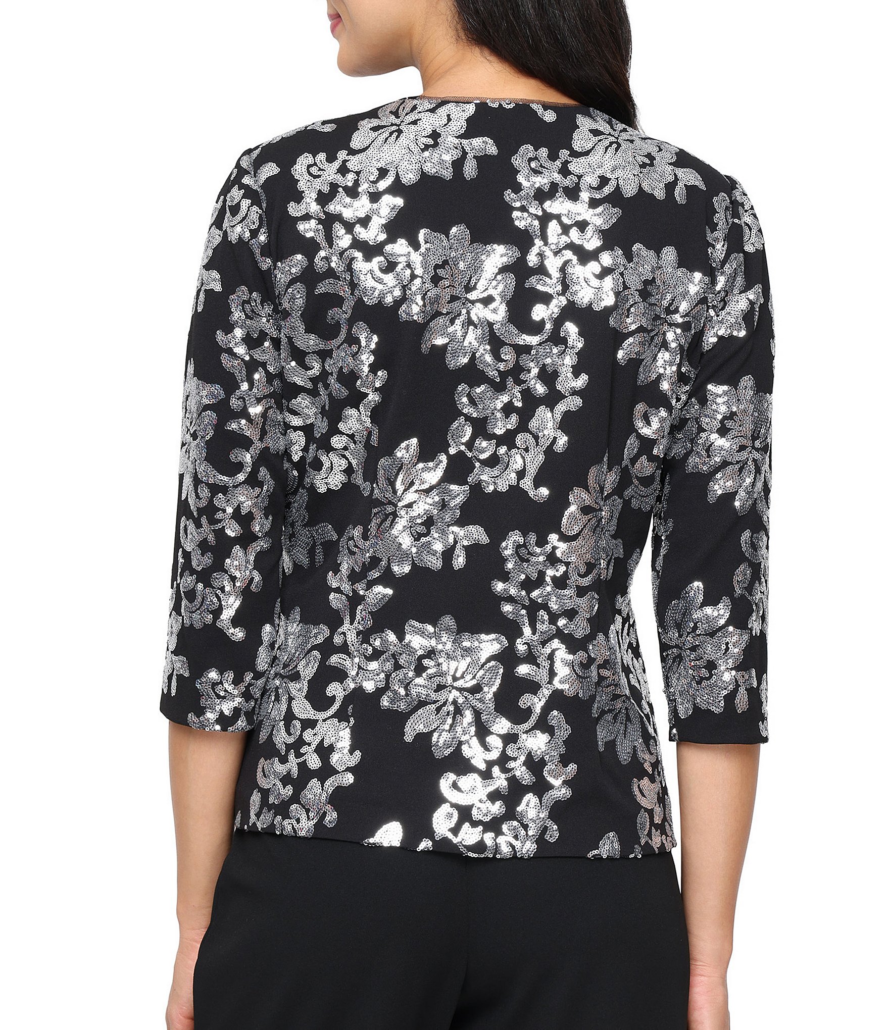 Alex Evenings Sequin Crepe Top With Scoop Neck Tank and Center Front Button Jacket Twinset