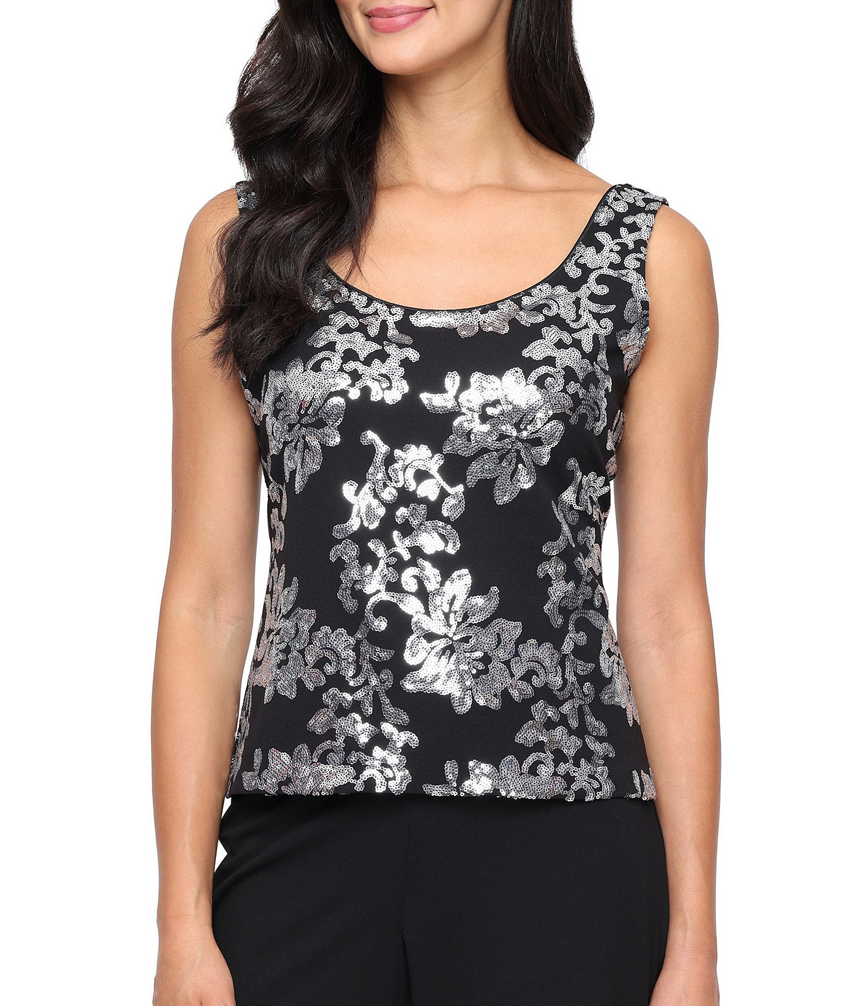 Alex Evenings Sequin Crepe Top With Scoop Neck Tank and Center Front Button Jacket Twinset