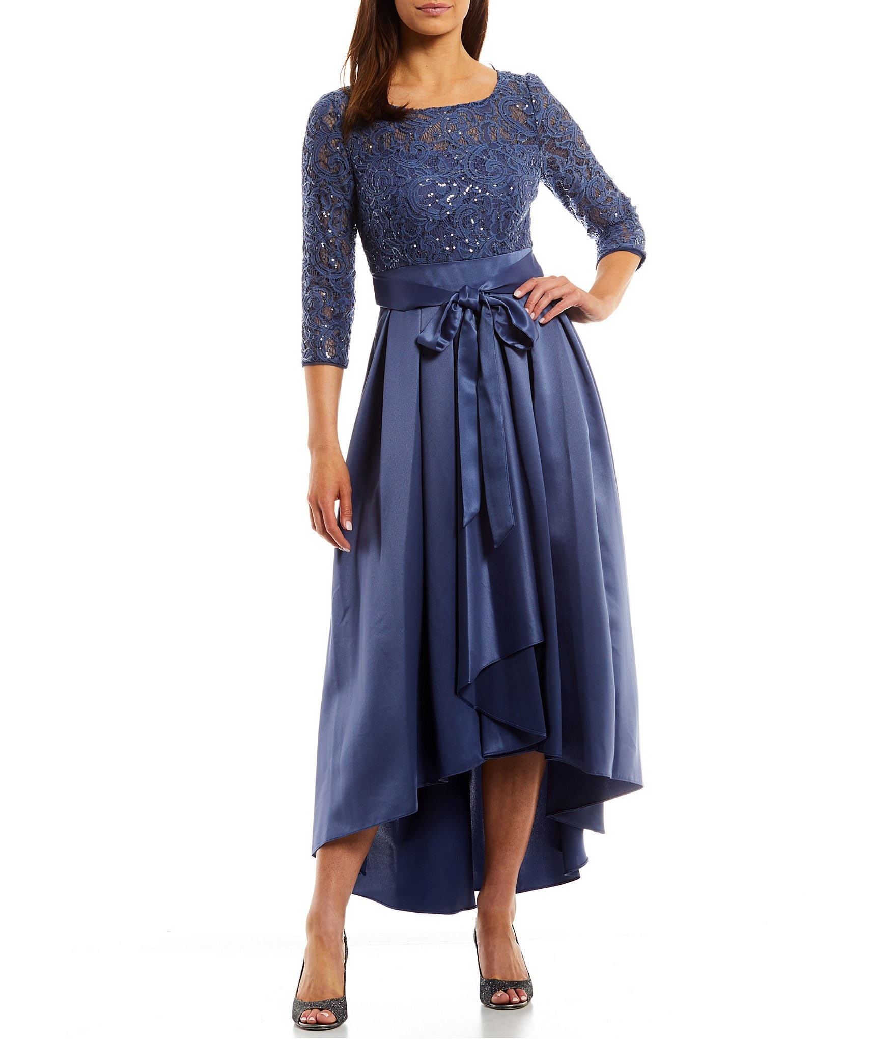 Alex Evenings Sequin Lace and Satin 3/4 Sleeve Round Neck High-Low Gown ...