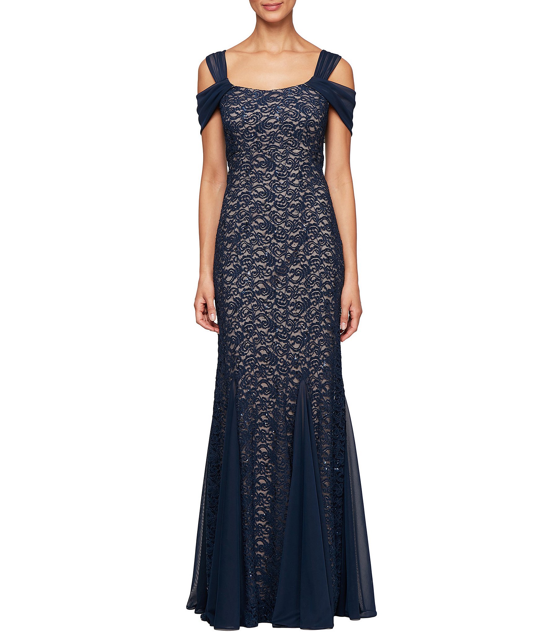 Alex Evenings Sequin Lace Cold Shoulder Godet Gown | Dillard's