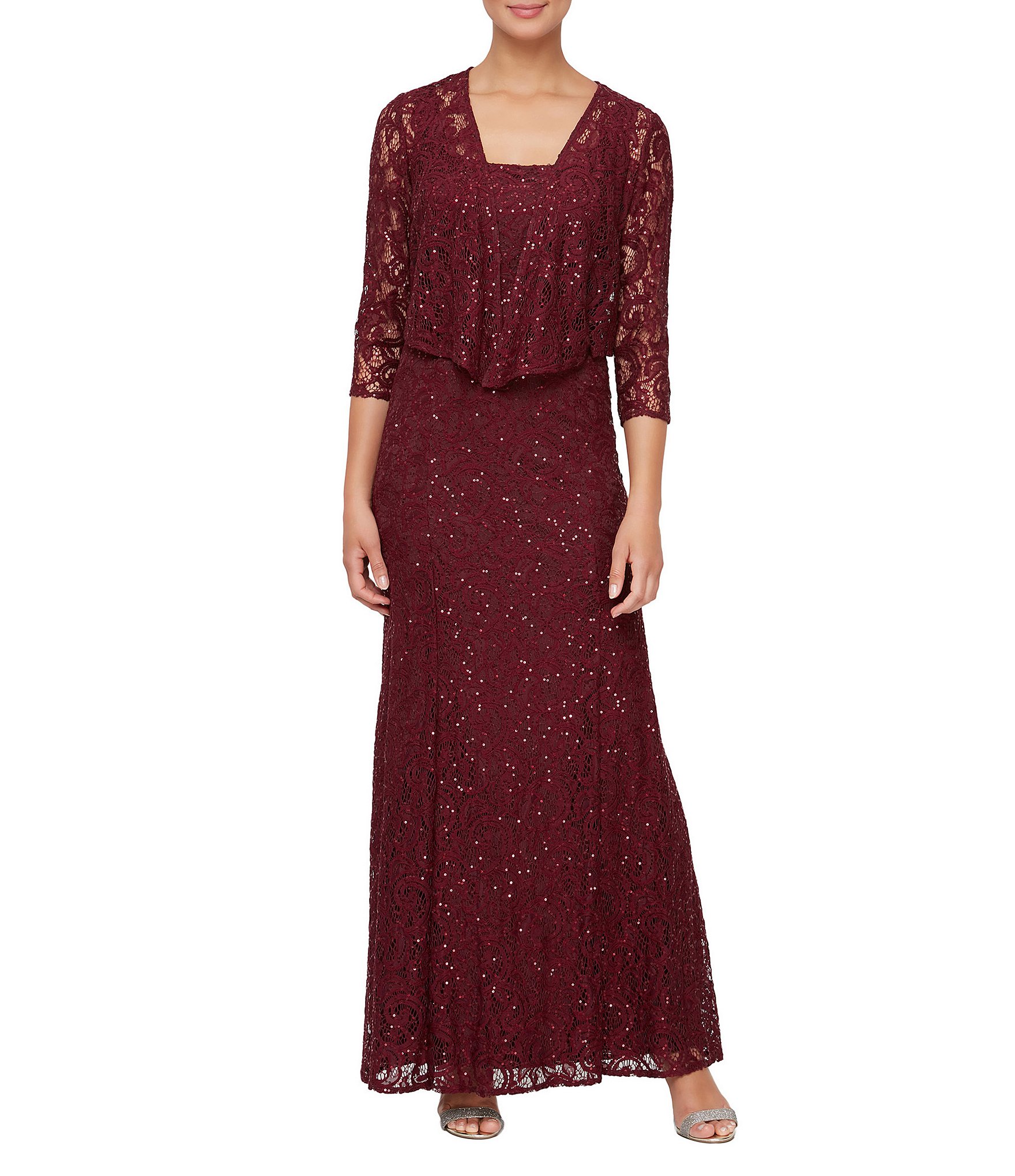 Sequin Lace Scoop Neck 3/4 Sleeve A-Line 2-Piece Jacket Gown