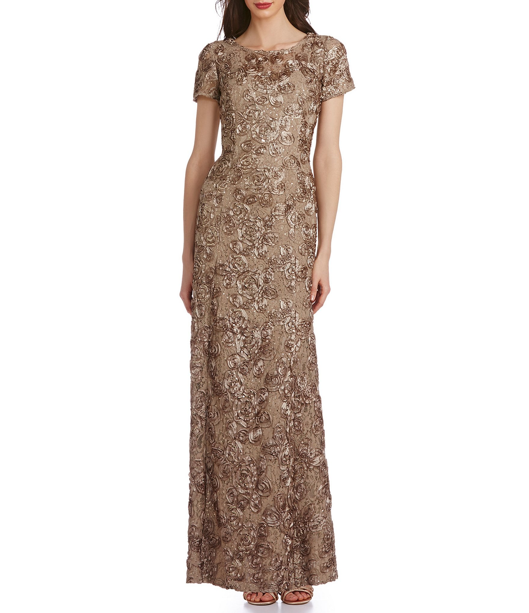 Alex Evenings Sequined-Lace Rosette-Rose Gown | Dillard's