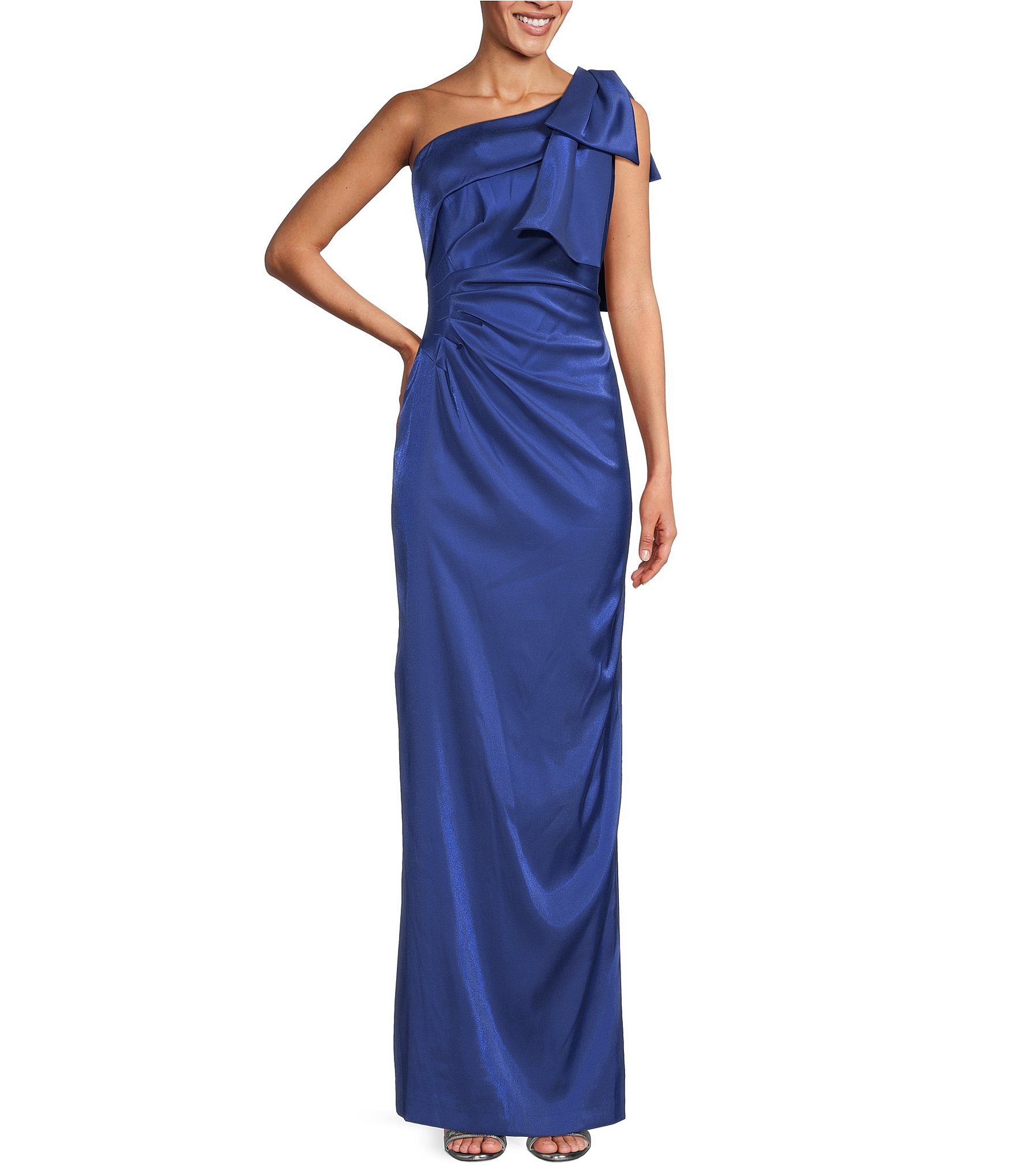 Alex Evenings Shimmer Satin Sleeveless One Shoulder Bow Detail Gown ...