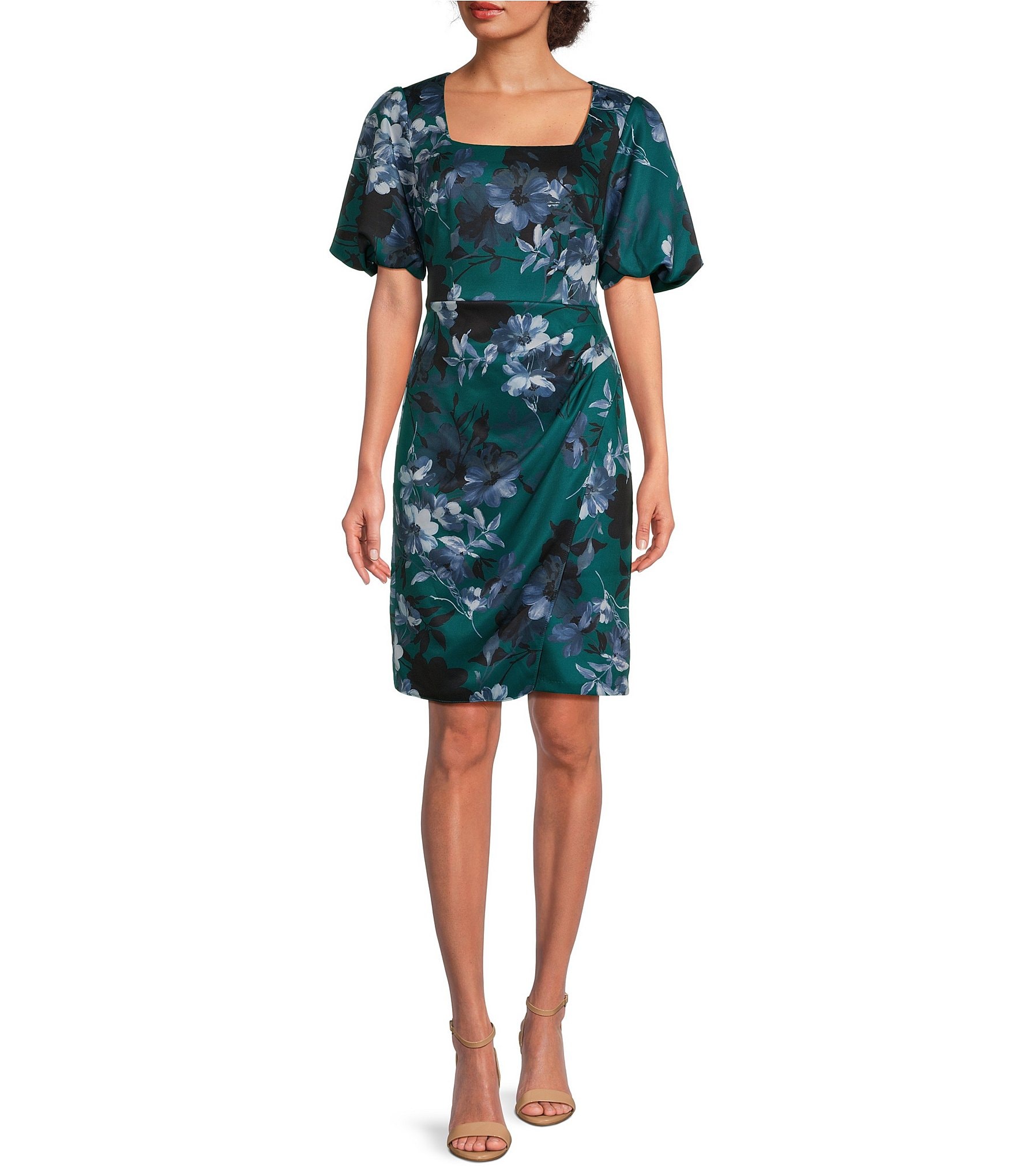 Alex Evenings Short Puff Sleeve Square Neck Floral Dress | Dillard's