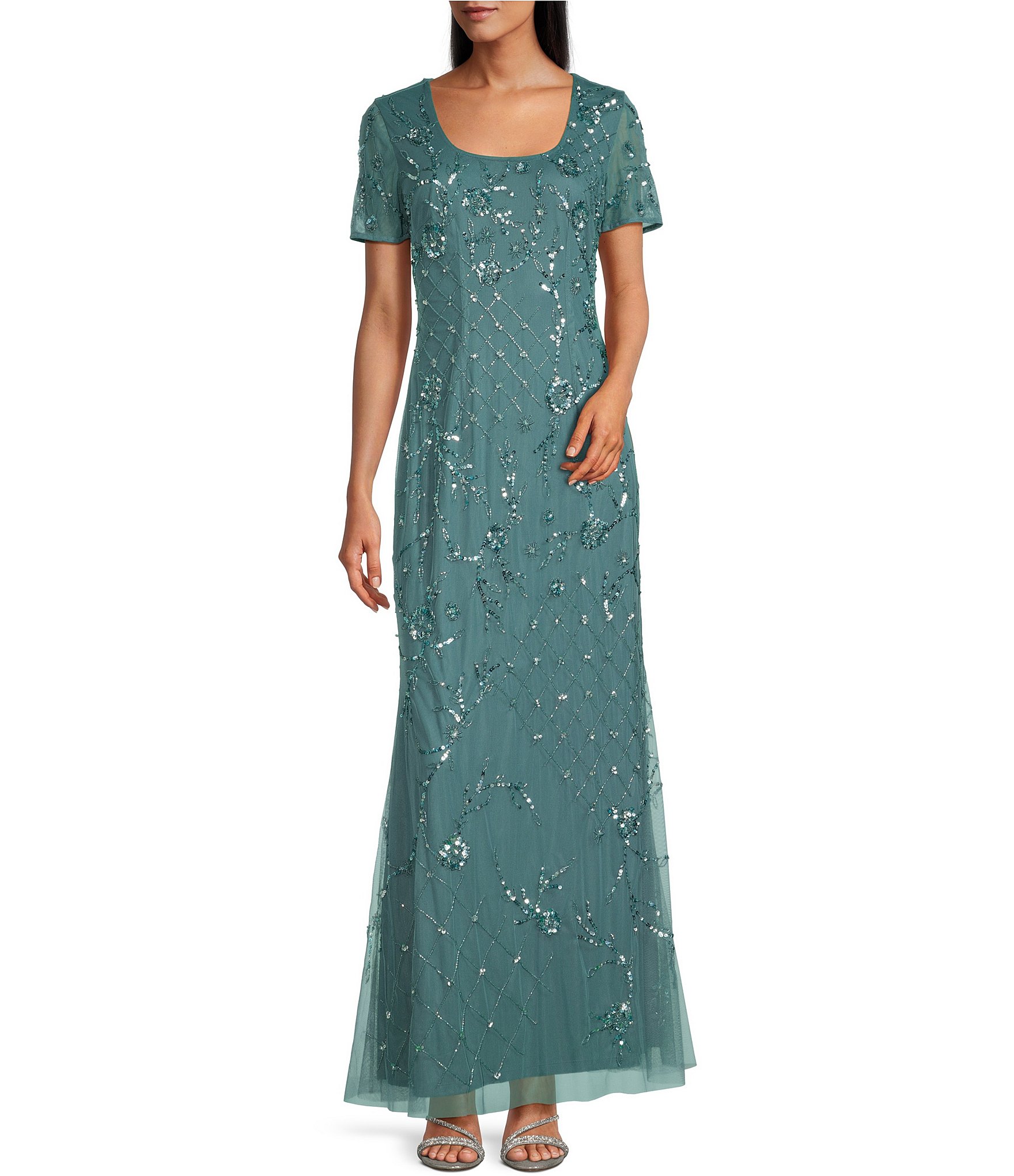 Alex Evenings Short Sleeve Scoop Neck Beaded Sheath Gown | Dillard's