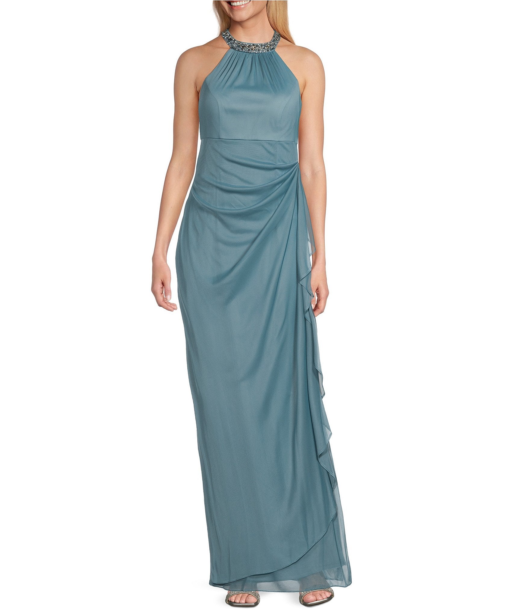 Alex Evenings Sleeveless Beaded Halter Neck Cascading Ruffle Detail Mesh Dress