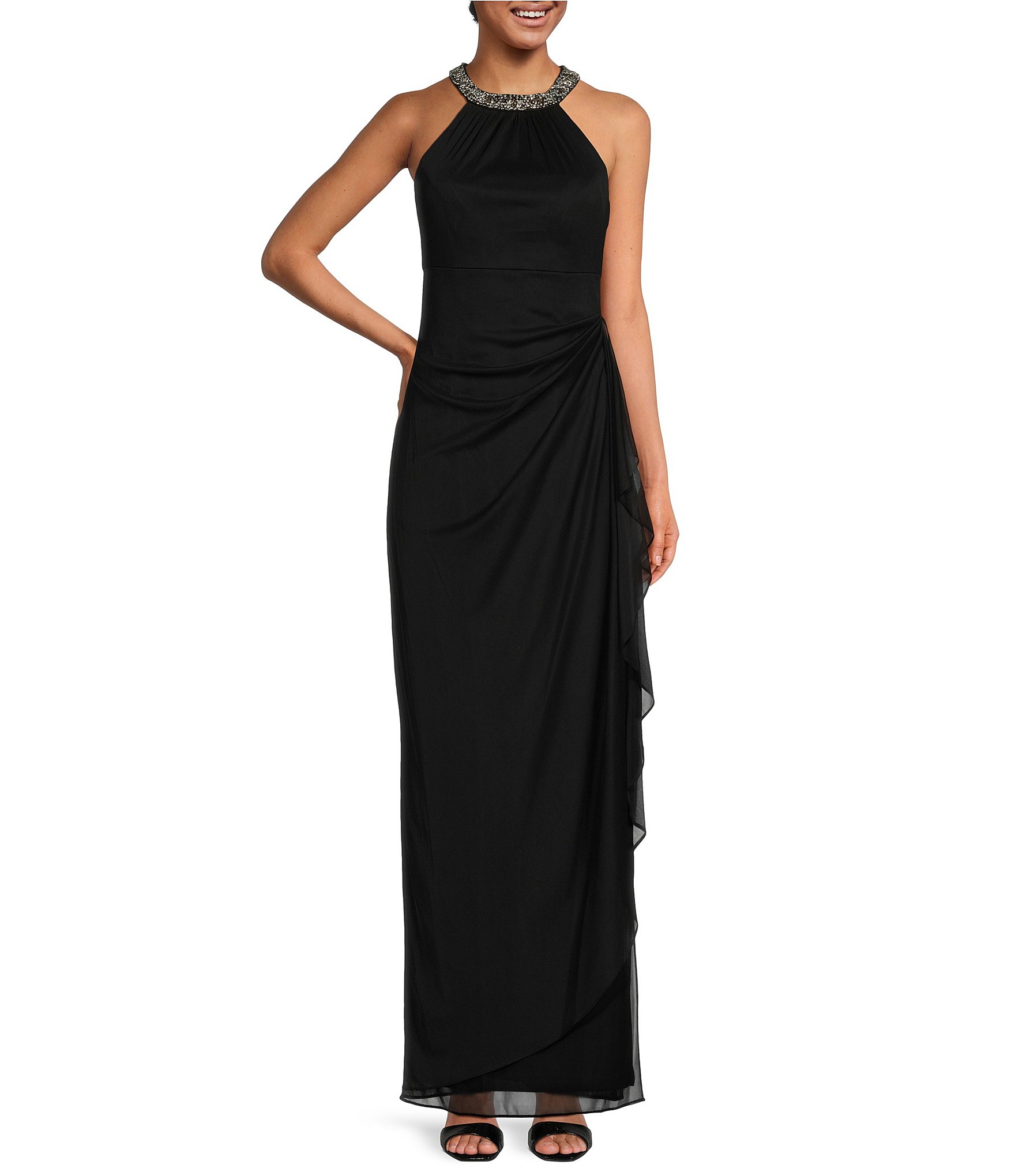 Alex Evenings Sleeveless Beaded Halter Neck Cascading Ruffle Detail Mesh  Dress | Dillard's