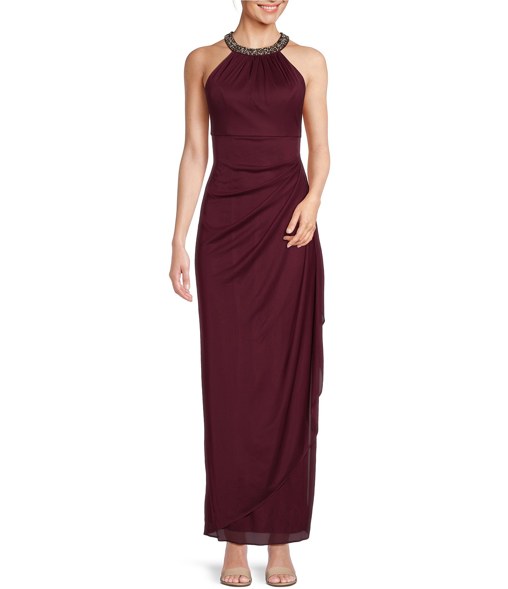 Alex Evenings Sleeveless Beaded Halter Neck Cascading Ruffle