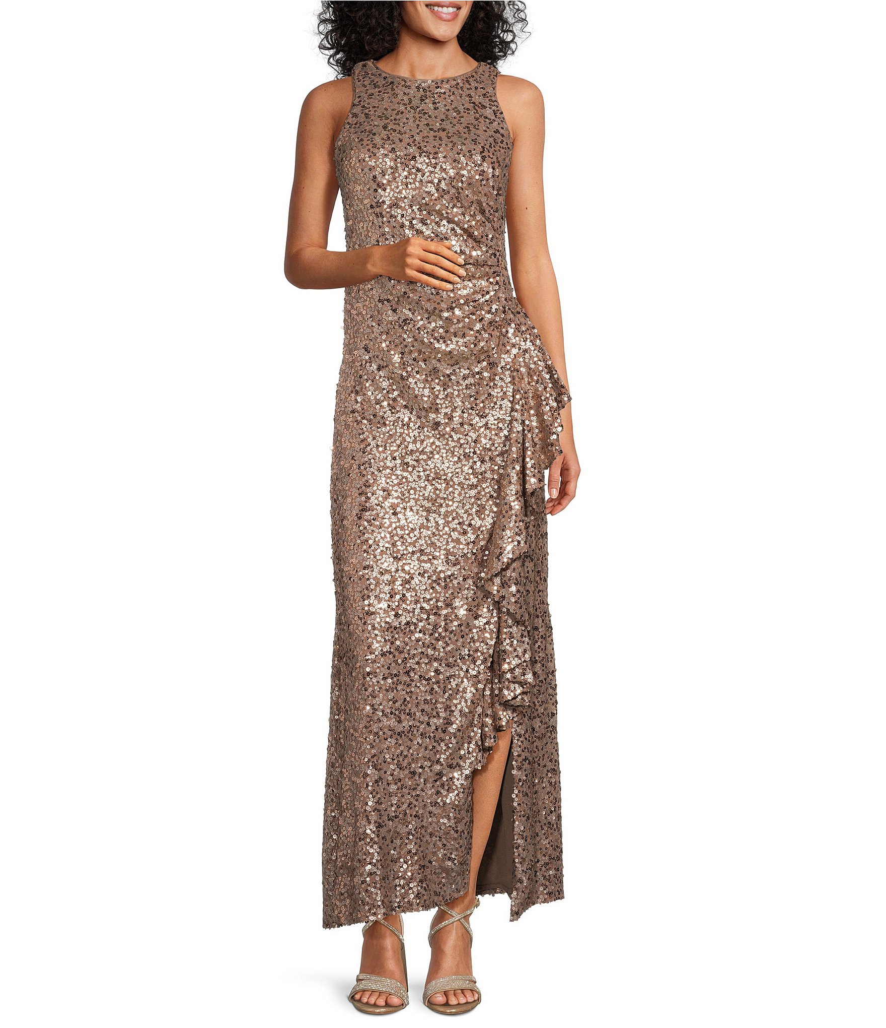 Alex Evenings Sleeveless Crew Neck Sequin Cascading Ruffle Dress