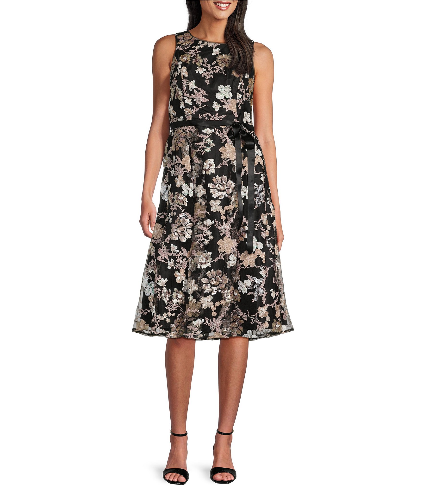 Alex Evenings Sleeveless Crew Neck Tie Waist Sequin Floral Dress