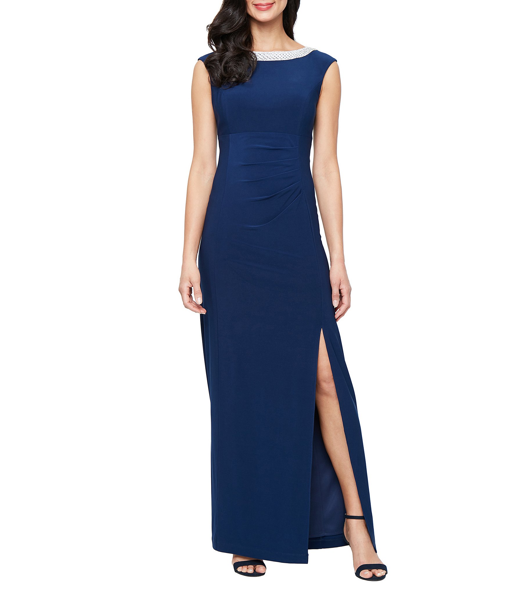Alex Evenings Cap Sleeve Embellished Crew Neck Front Slit Gown