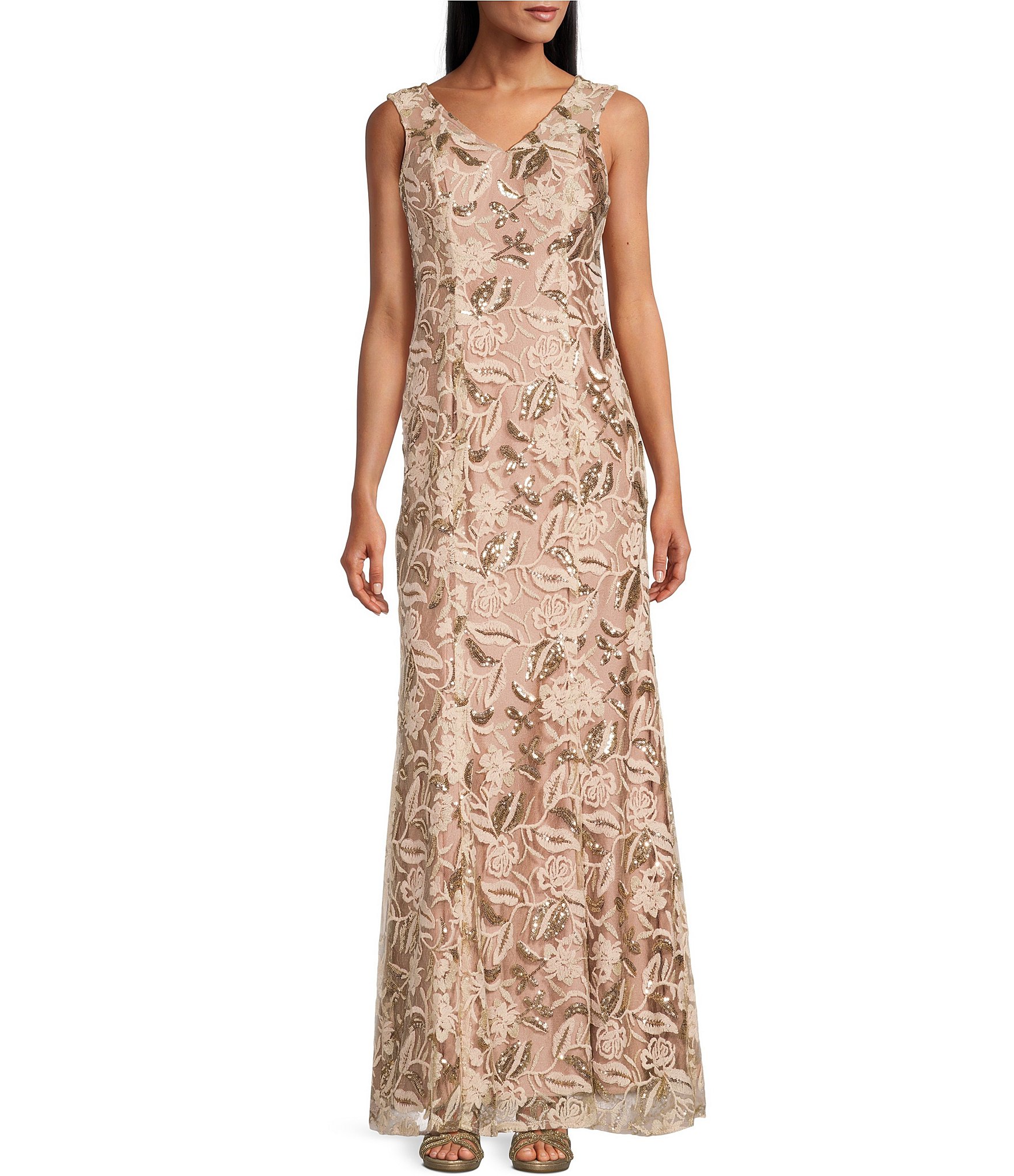 Alex Evenings Sleeveless V Neck Embroidered Sequin Shawl Gown